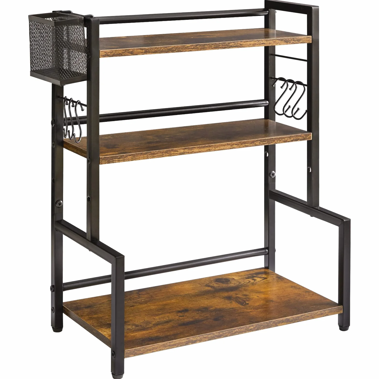 YMYNY Estante para Especias con Cesta Metálica, Estante de Encimera para Armario, Organizador con 6 Ganchos, Soportes para Botes de Especias, Para Cocina, Baño, 43 x 24 x 53CM Marrón Rústico HSR006H