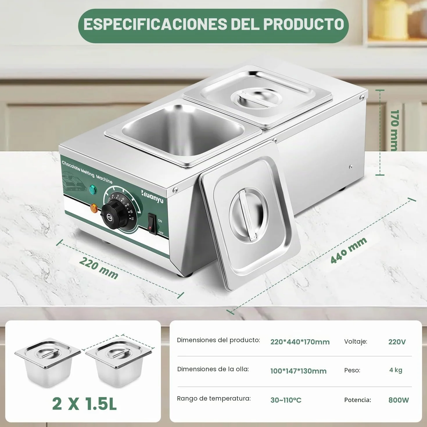 Huanyu Temperadora de chocolate con 2 ollas 30℃-110℃ Máquina derretidora de chocolate Fundidor de chocolate comercial de 800W Calentador de agua para fundir chocolate