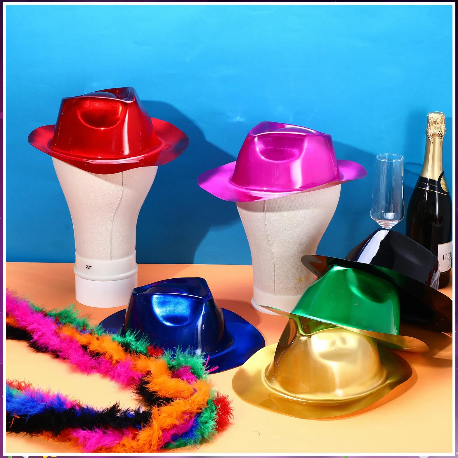 48 piezas de suministros de fiesta de neón, 24 sombreros de fiesta de gángsters, 24 boas de plumas coloridas, sombrero de neón de plástico metálico para carnaval