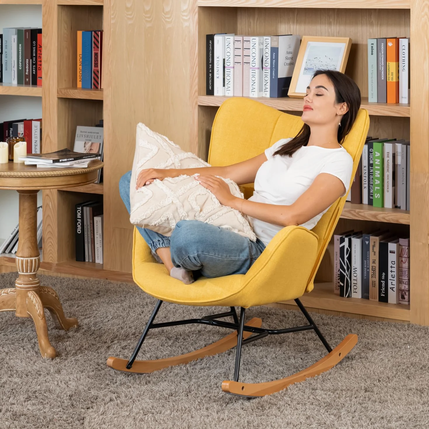 MEUBLE COSY Silla Mecedora Sillón de Relax Especial Lactancia Butaca Acolchada con reposabrazos, Respaldo Alto, de Tela con Patas de Madera Metal, para salón, Dormitorio, Amarillo