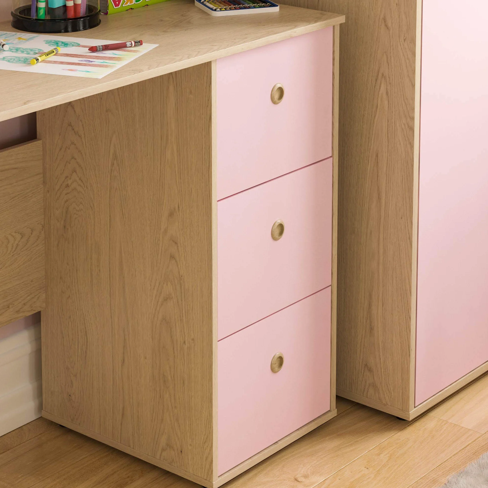 Junior Vida Neptune Escritorio 3 Cajones Ordenador Portátil Estación Trabajo Estudio Casa Muebles Niños Rosa Roble