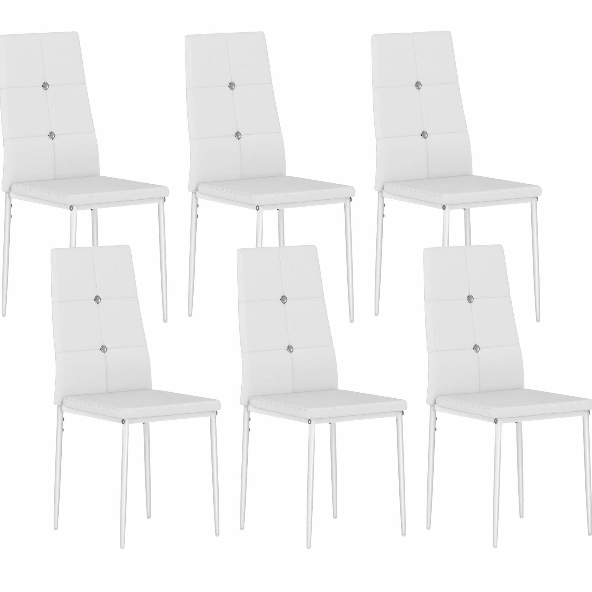 HOMCOM Juego de 6 Sillas de Comedor con Respaldo Alto para Salón Blanco | Tapizada en PU, Sillas de Cocina Modernas, Botones, Patas de Acero, Dormitorio