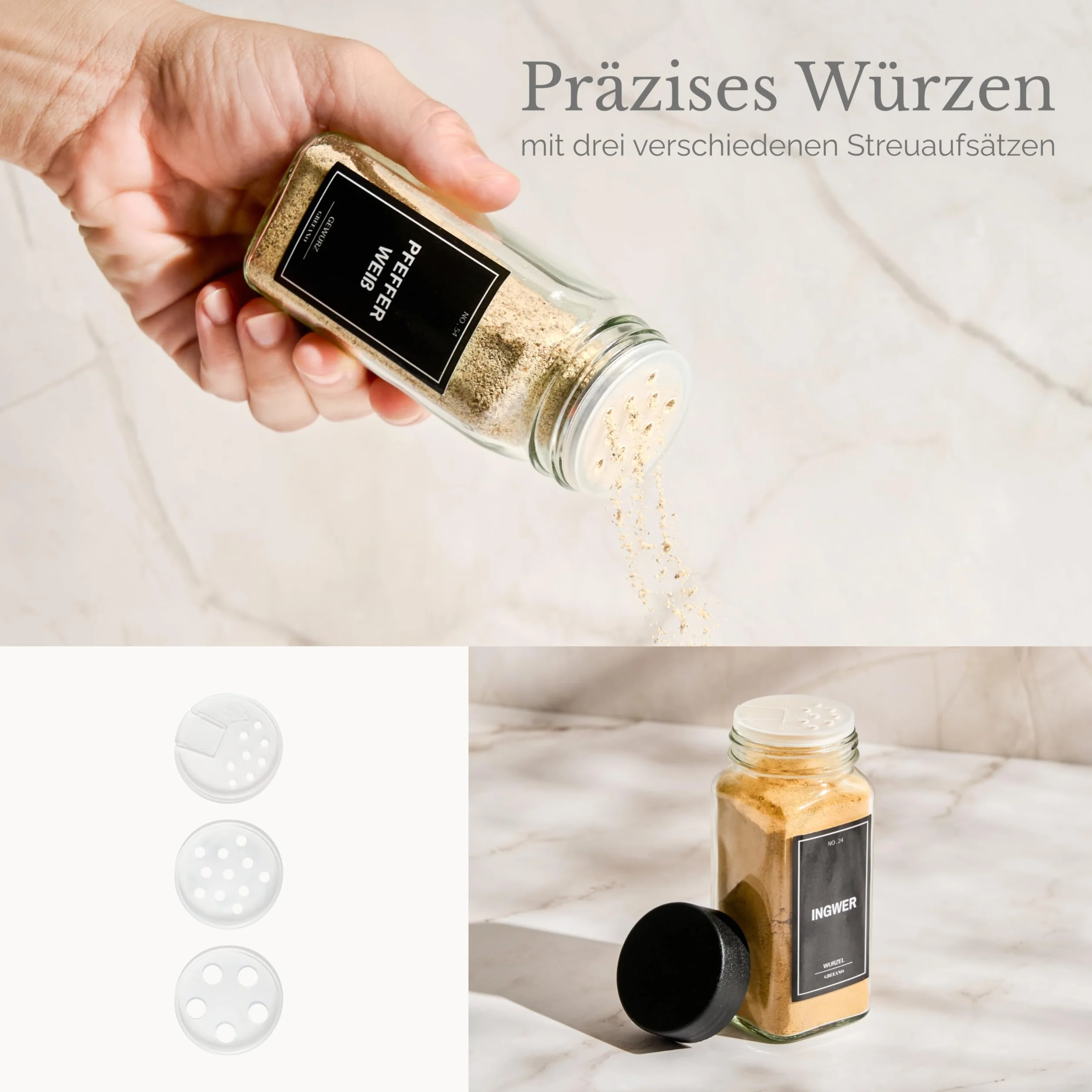 Juego de tarros de especias [24 x 120 ml] con 300 etiquetas [DE] – Almacenamiento de especias con bandeja para esparcir – Tarros de cristal – Tarros de especias – Tarros de especias – Tarros