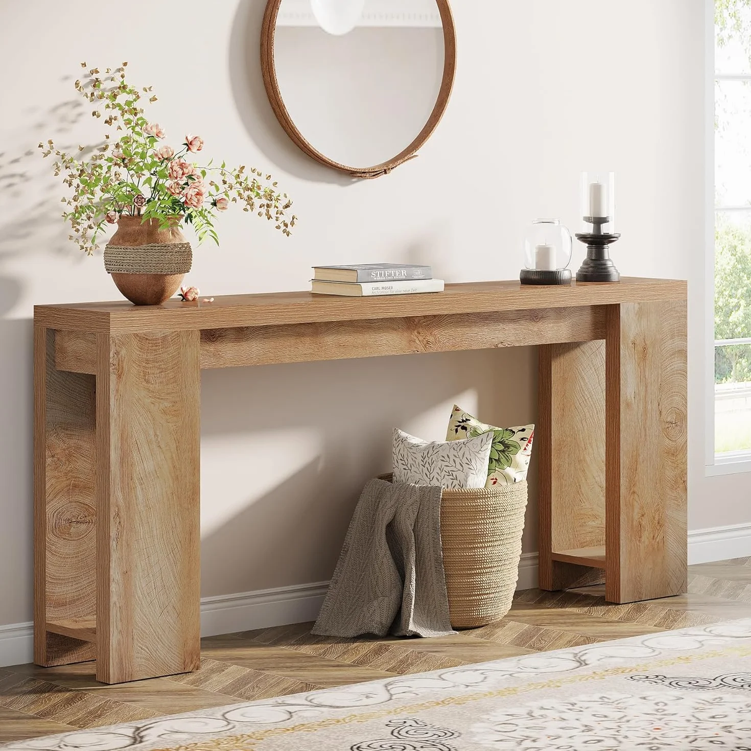 Tribesigns Mesa Consola, 160 x 29,5 x 85 cm, Mesa Auxiliar, Mesa de Sofá de Madera Rústica para Entrada, Pasillo, Salón, Marrón Roble Claro