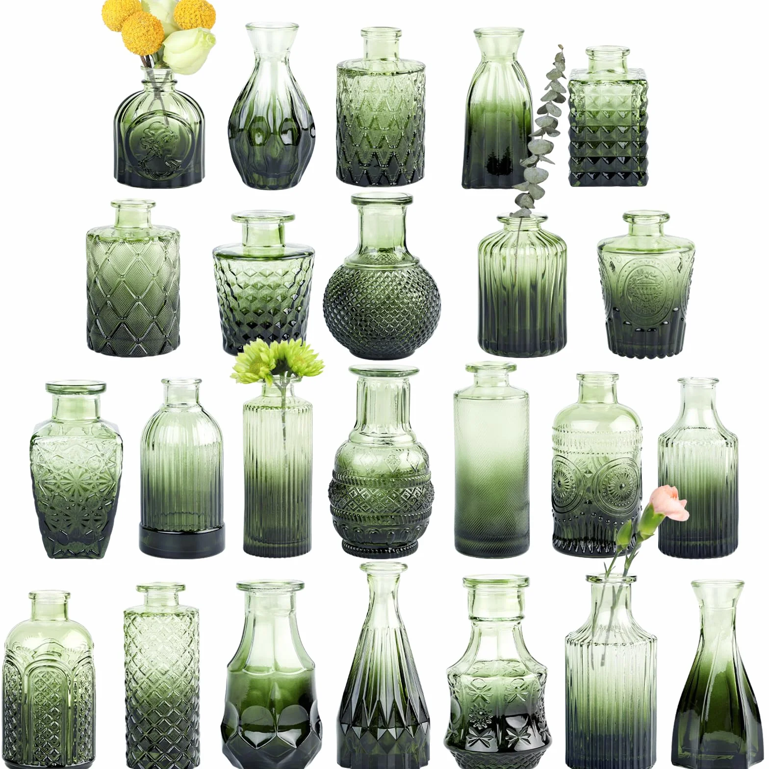 TBWIND Juego de 24 jarrones de Cristal, pequeños jarrones Verdes para centros de Mesa a Granel, Mini jarrón Vintage para decoración de Bodas, Flores Individuales y decoración de Mesa del hogar | Jarrones de flores pequeños, centros de mesa a granel, mini