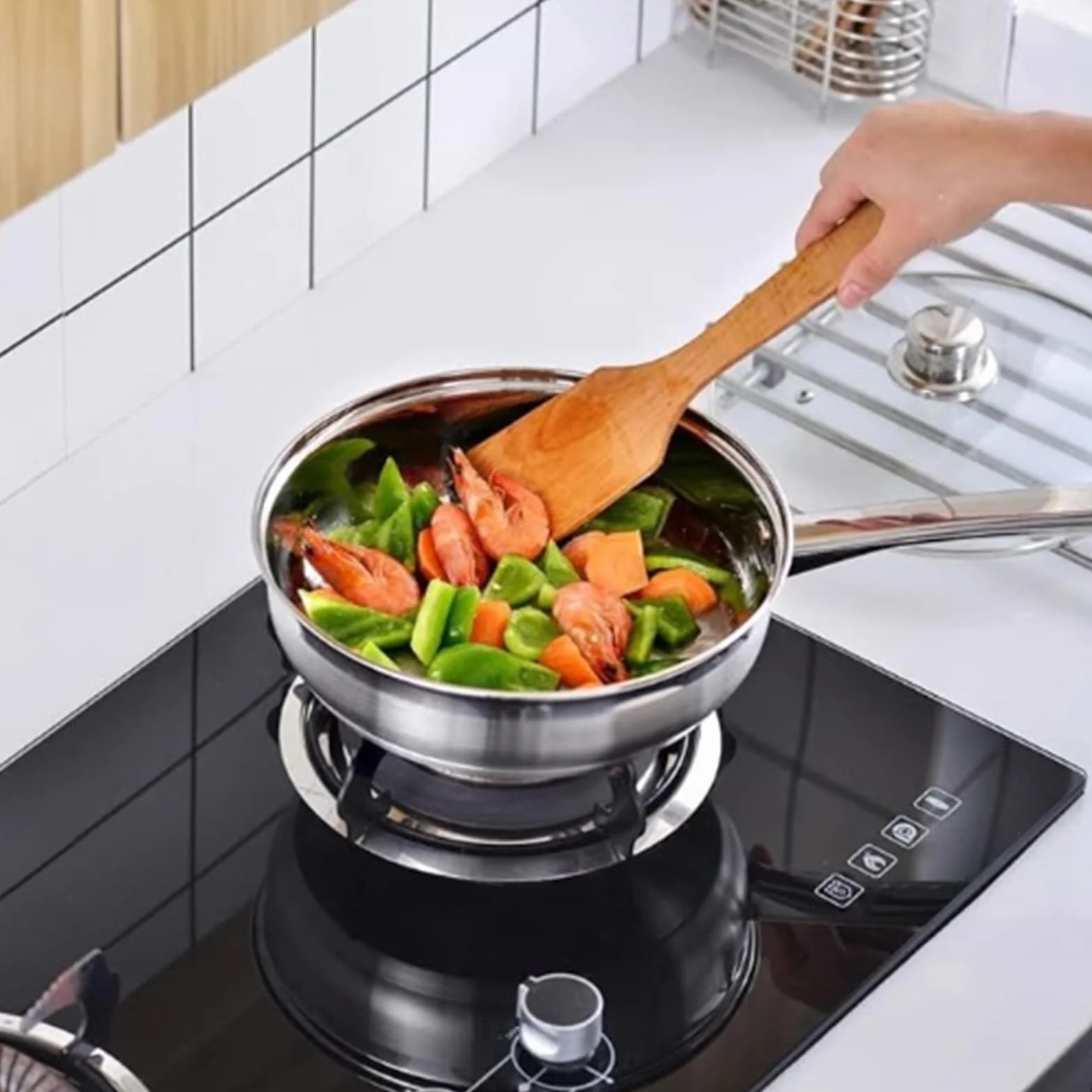 SUNGOOYUE Juego de Utensilios de Cocina de Acero Inoxidable, Juego de Ollas y Sartenes de 15 Piezas con Tapas de Vidrio, Agarre Antideslizante, a Prueba de Altas Temperaturas, Multifuncional para