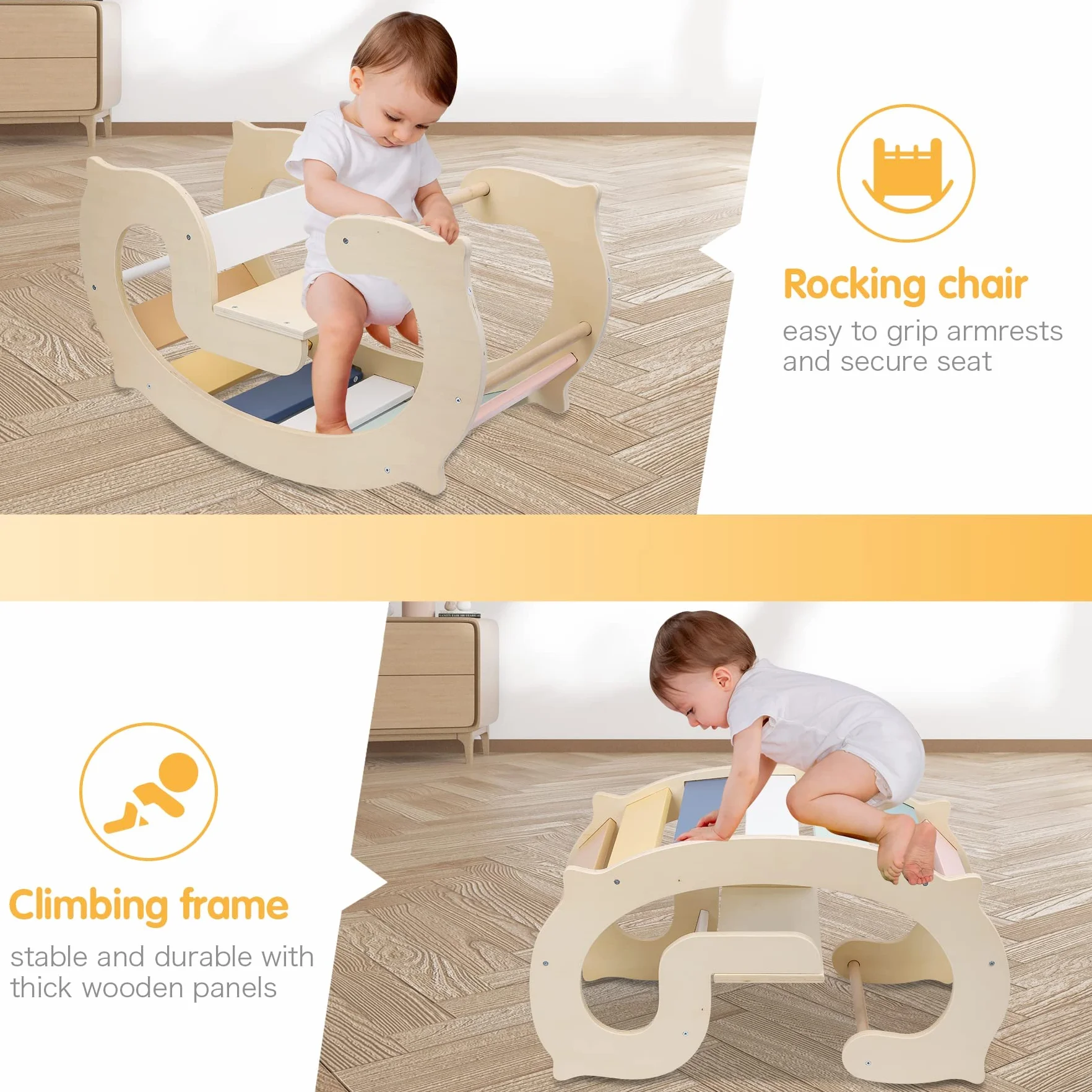 labebe mecedora arco iris de madera para niños, juguete de escalada de madera para niños y niñas, caballo mecedora a partir de 3 años