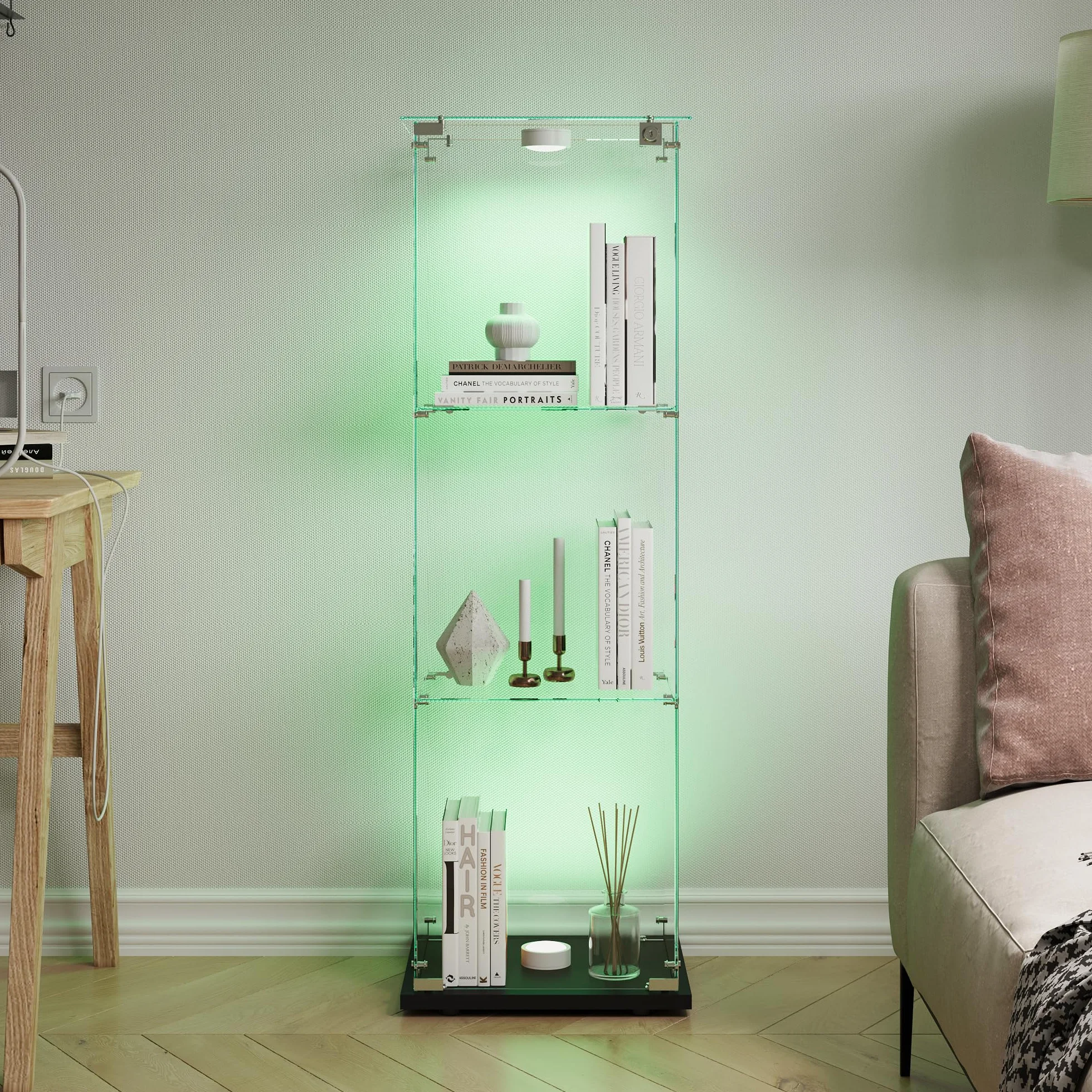 vitrina de cristal con LED, armario de colección moderno con 3 estantes 1 puerta, vitrina de pie para sala de estar, dormitorio, oficina, 123 x 40 x 35 cm (negro + puertas individuales + luces