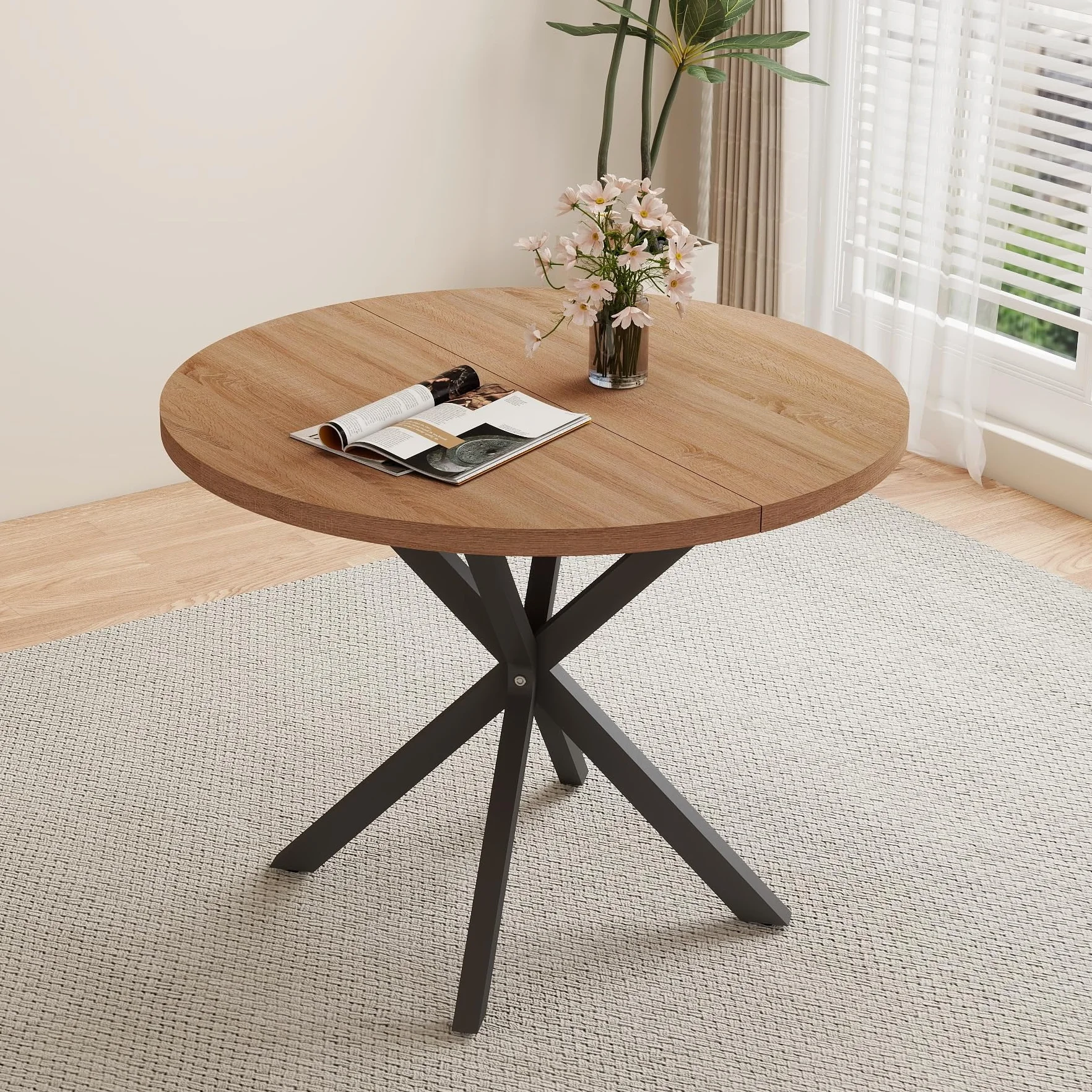 GrandCA HOME Juego de Mesa y Sillas de Comedor, Mesa de Comedor Redonda de 100 CM y 4 Sillas Modernas de Lino, para Comedor, Cocina, Sala de Estar (Oscuro + Gris)