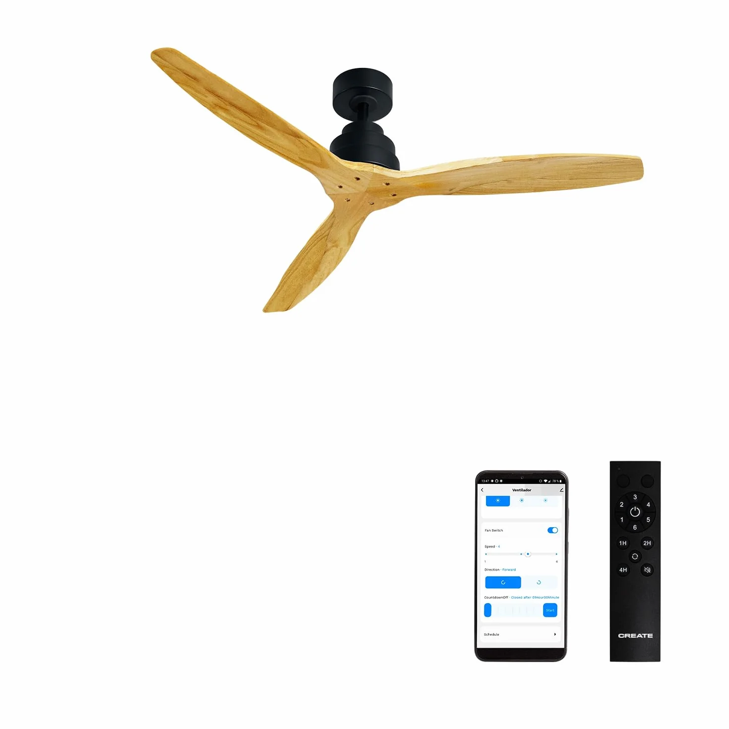 CREATE / WINDSTYLANCE NATURAL WOOD/Ventilador de techo negro aspas madera natural con Wifi y mando / 40W, Silencioso, Ø132 cm, 6 velocidades, temporizador, verano-invierno, doble altura, motor DC