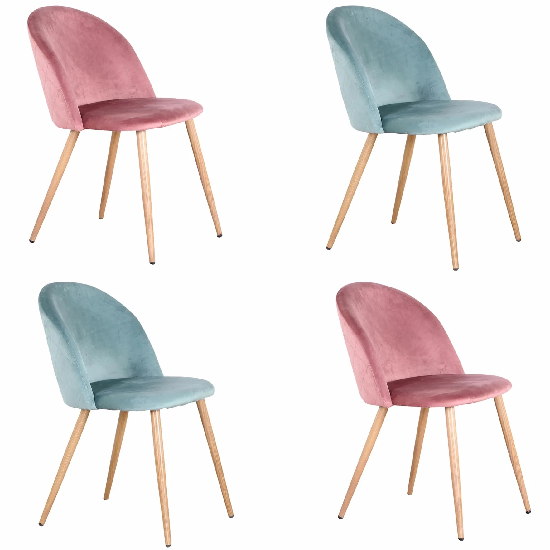 Juego de 4 Sillas de Comedor Tapizadas de Terciopelo con Patas de Metal Ajustables (Verde+Rosa)