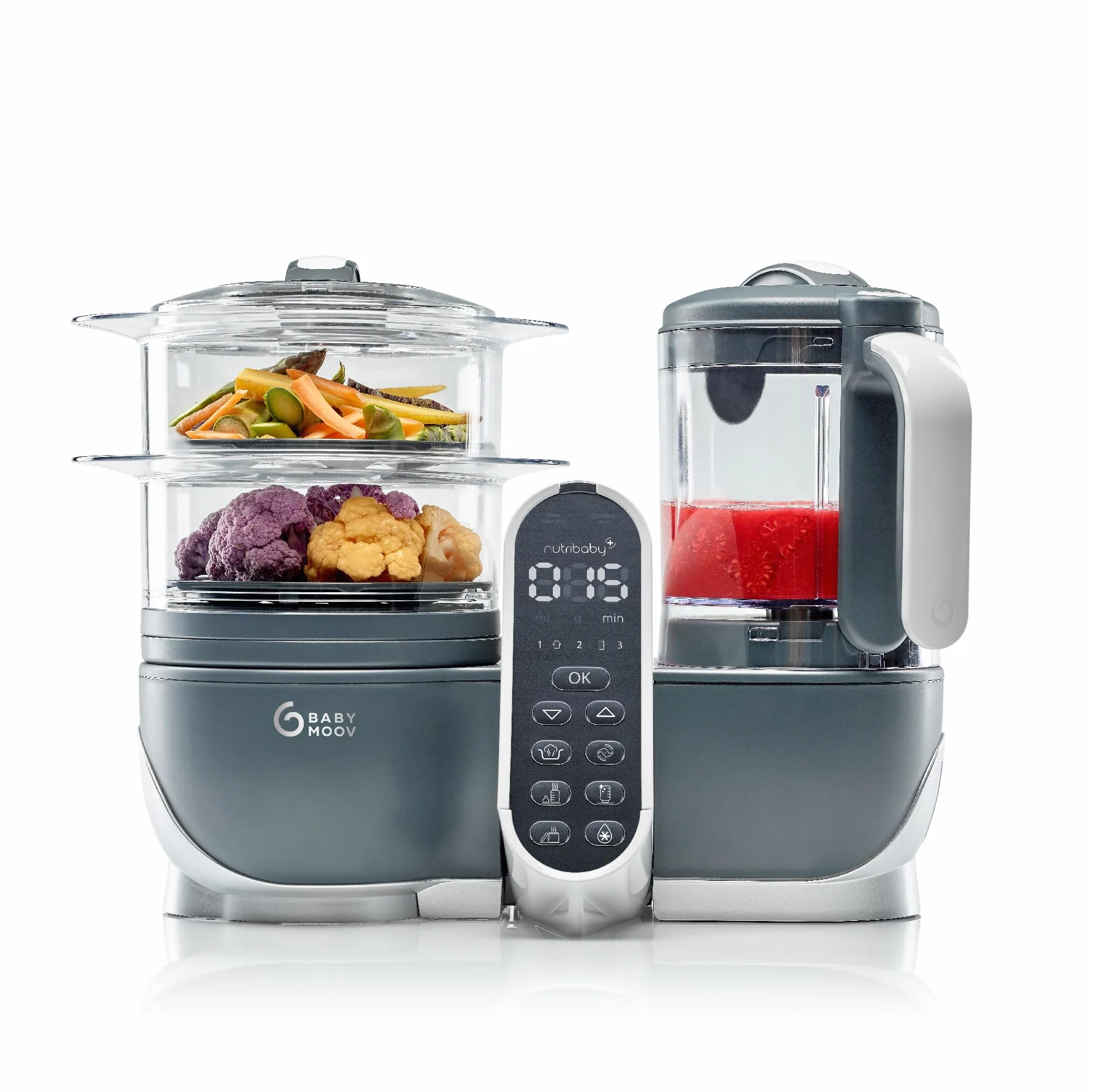 Babymoov Nutribaby(+), Robot Multifunción 6 en 1, Vaporera, Batidora, Gran Capacidad para el Bebé, Óptimo para la Cocina por Lotes, Gris