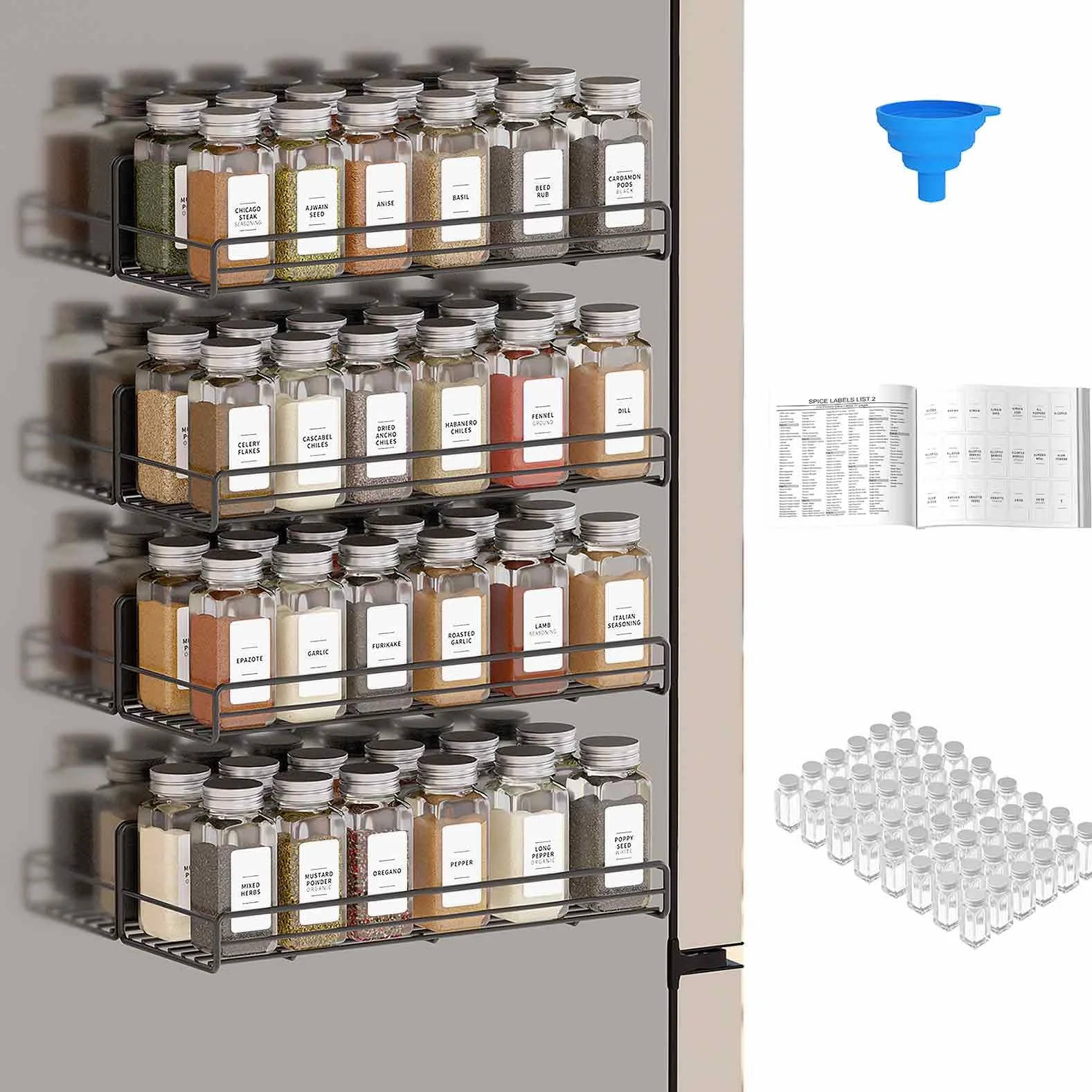 SpaceAid Paquete de 4 estantes magnéticos para especias con 48 tarros de especias, 400 etiquetas de especias y embudo, organizador de estante para refrigerador y horno que ahorra espacio