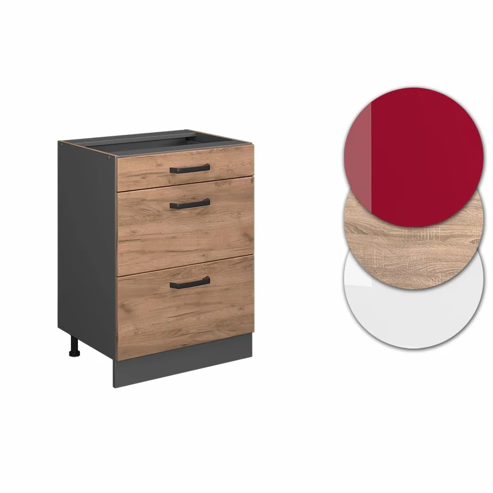 Vicco Mueble bajo de Cocina R-Line, Roble Dorado, 60 cm con cajones, sin encimera, para combinación Libre Dentro de Sistemas de Cocina modulares