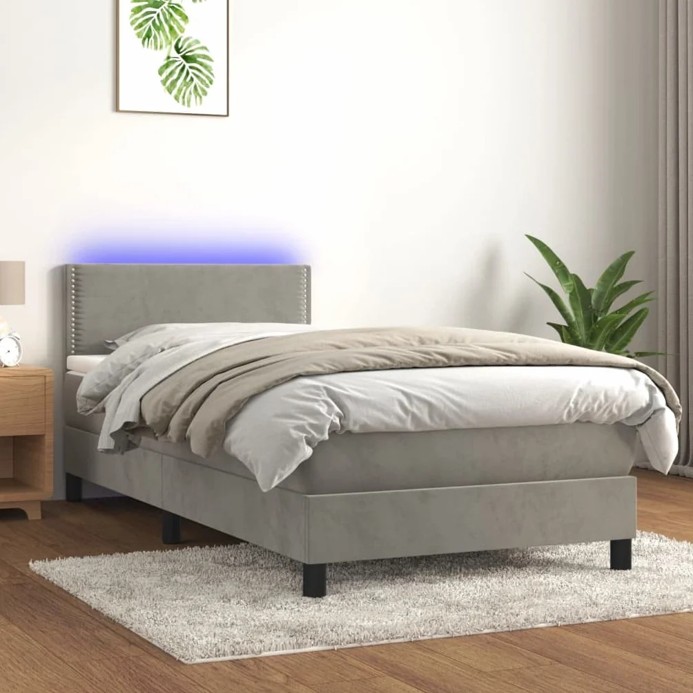 Cama con somier de 90 x 190 cm en gris claro con LED y colchón de muelles ensacados, aspecto de terciopelo ajustable, resistente y moderno, para habitaciones individuales juveniles y de