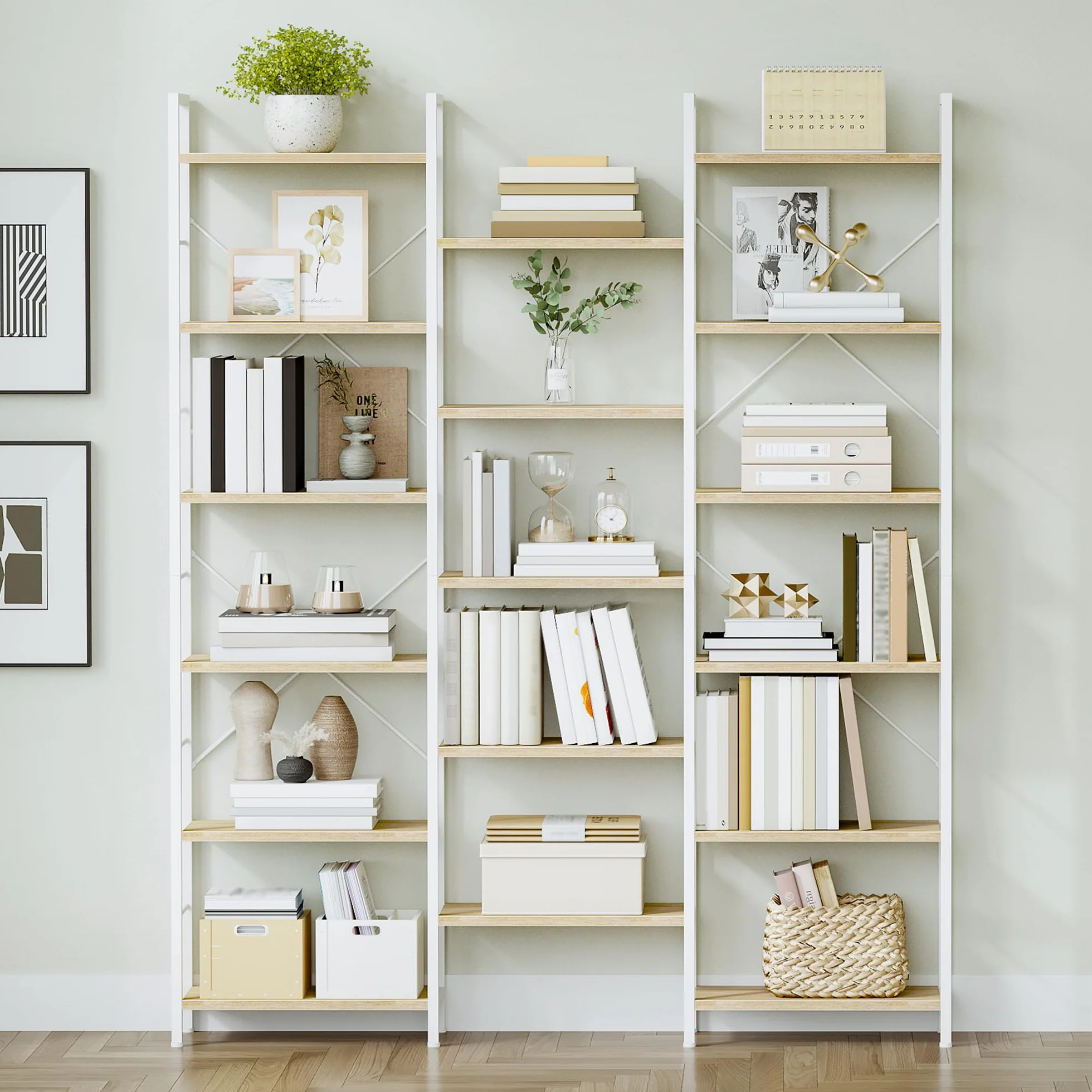 Hzuaneri Librería, Estanteria Libros con 17 Estantes, Espacio Ajustable, 24 × 152 × 186 cm, para Salón, Oficina, Roble Blanco y Blanco BC10116W