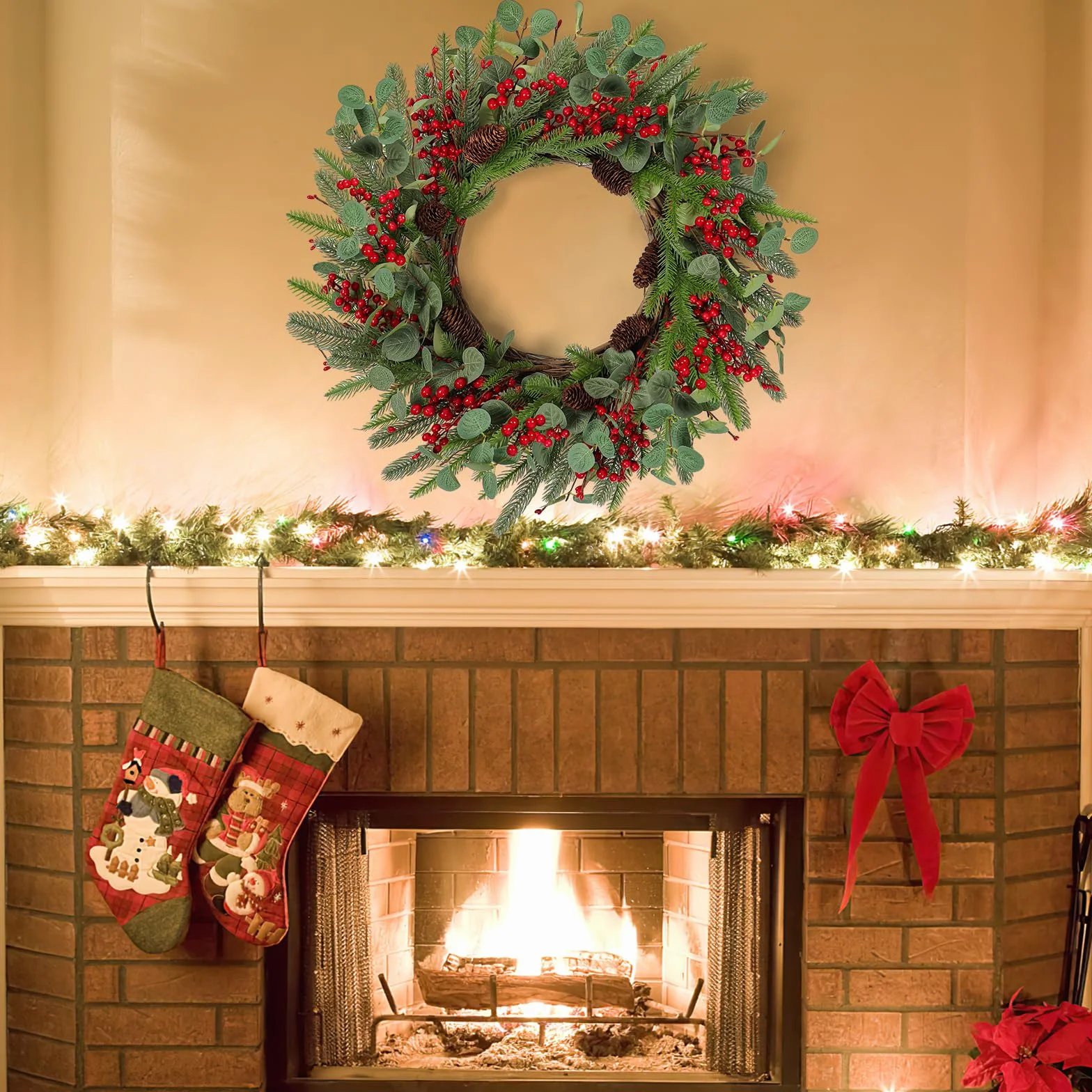Betylifoy Corona de Navidad Grande de 60 cm, Guirnalda Navideña para Puerta Delantera Corona Navideña con Bayas Conos de Pino para Decoraciones Navideñas para Chimenea en el Hogar