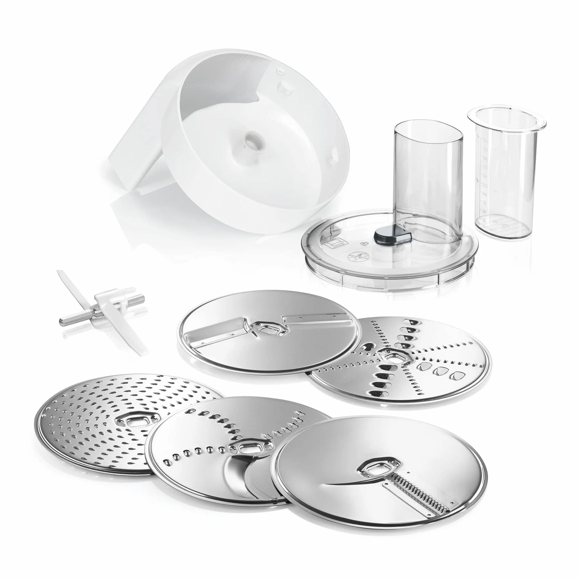 Juego de accesorios VeggieLove MUZ5VL1 de Bosch, escalope continuo que incluye 5 rebanadas (disco para cortar y girar, disco raspador, disco rallador medianamente fino, para verduras asiáticas y rösti), multicolor