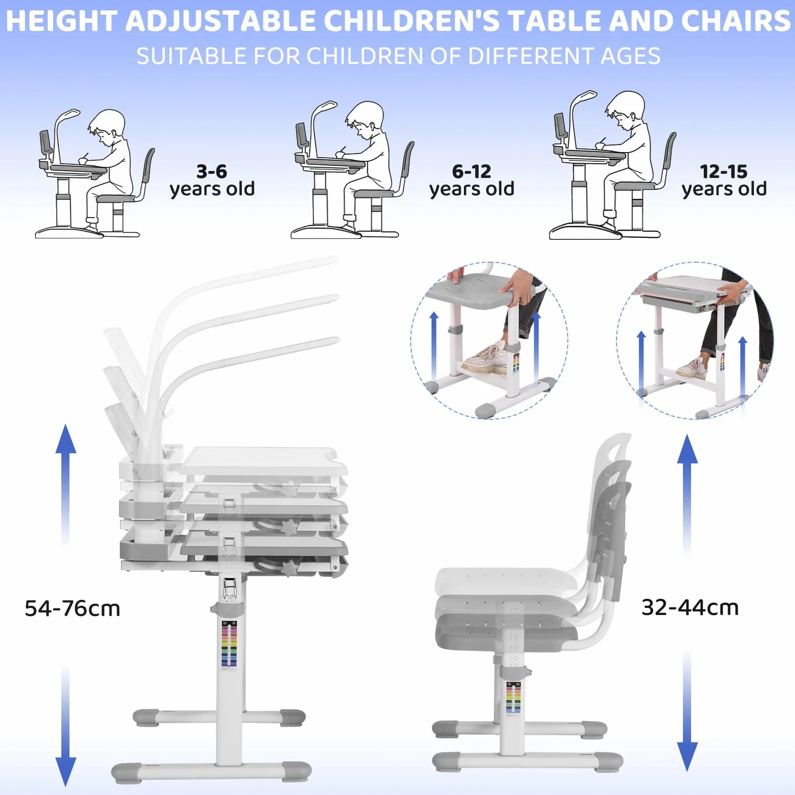 Set Escritorio y Silla para Niños, Altura Ajustable, Mesas Infantiles, Juego Juvenil Con Cajón y Soporte Lectura (Gris)