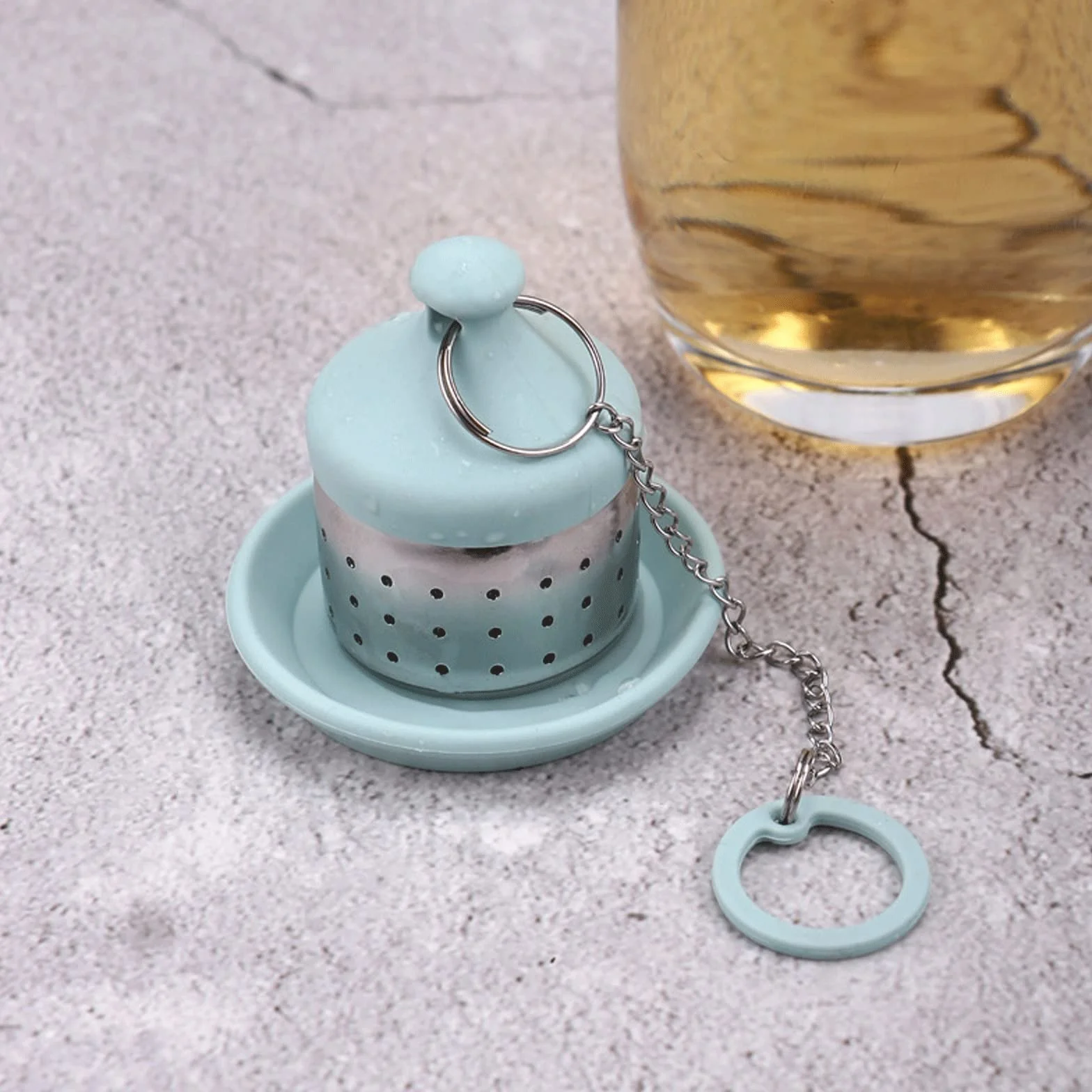 Colador de té creativo con cadena de filtro de té para fugas de té, simple para el hogar, vida en casa, silicona para fugas de té