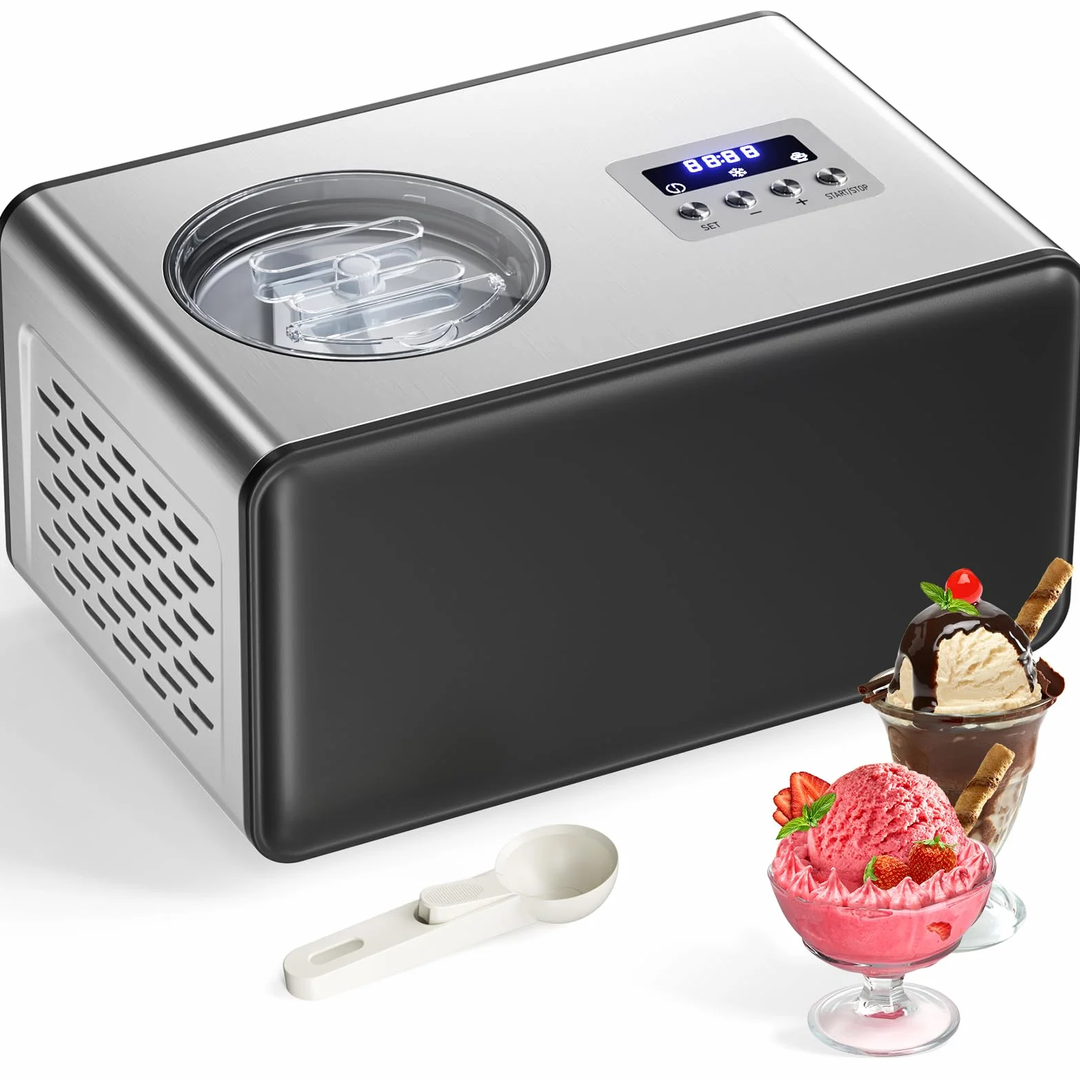 Máquina Para Hacer Helados con Compresor 2L Heladera Eléctrica, Heladera Profesional, 150W, Panel de Control Botones, Cubo de Aluminio Extraíble, Receta & Cuchara, No Requiere Precongelación