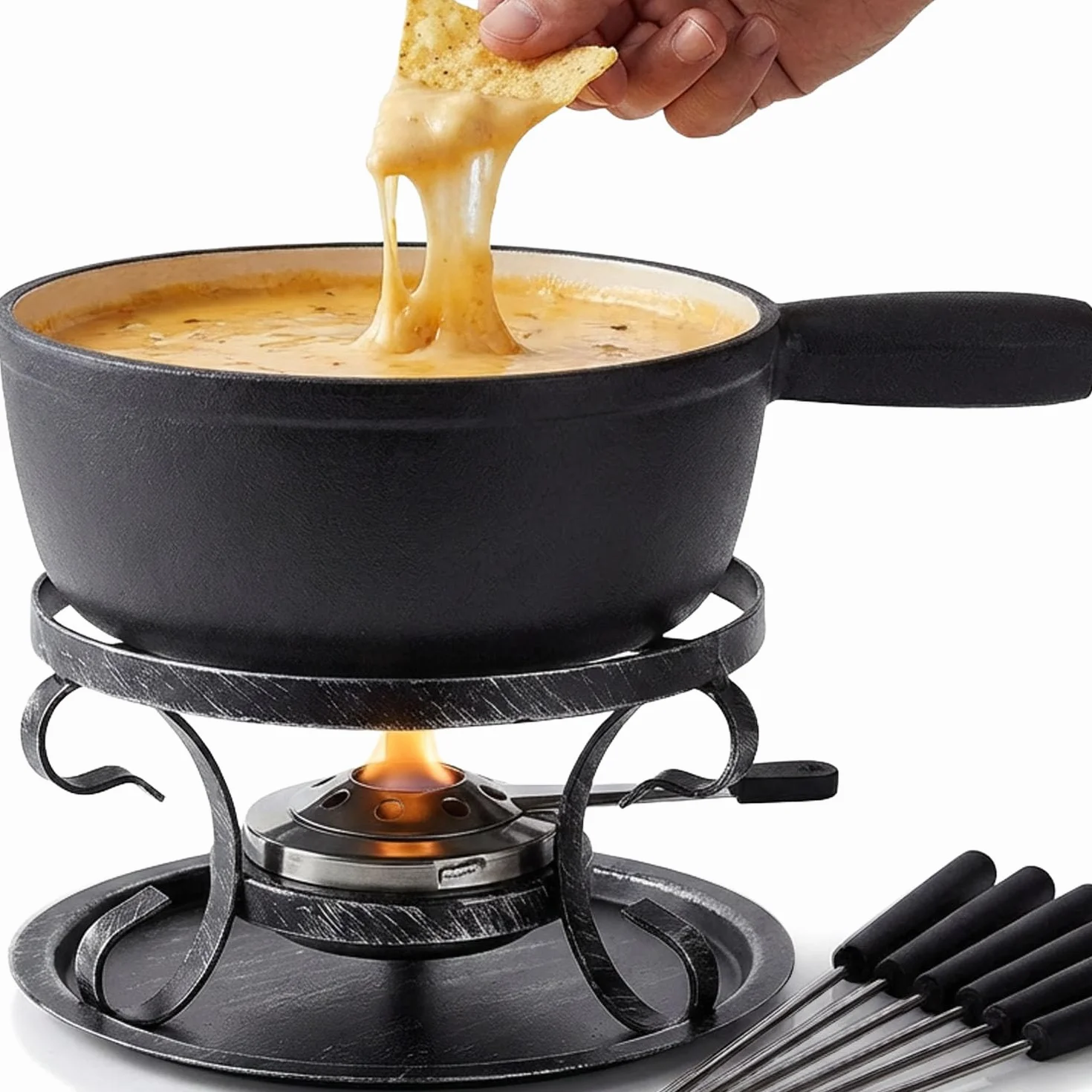 Artestia Juego de fondue de hierro fundido, juego de fondue de hierro fundido tradicional suizo para queso, carne y chocolate (negro mate)