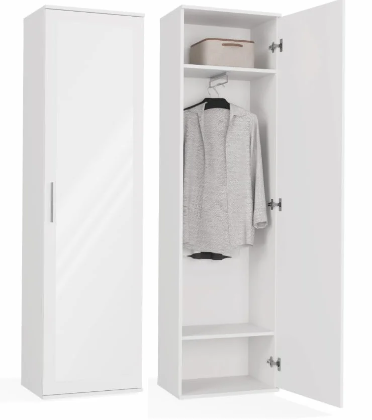 BDW Armario dúo con espejo, armario moderno, multifuncional, para pasillo, dormitorio, habitación infantil, 180 x 50 x 35 (profundidad), color blanco