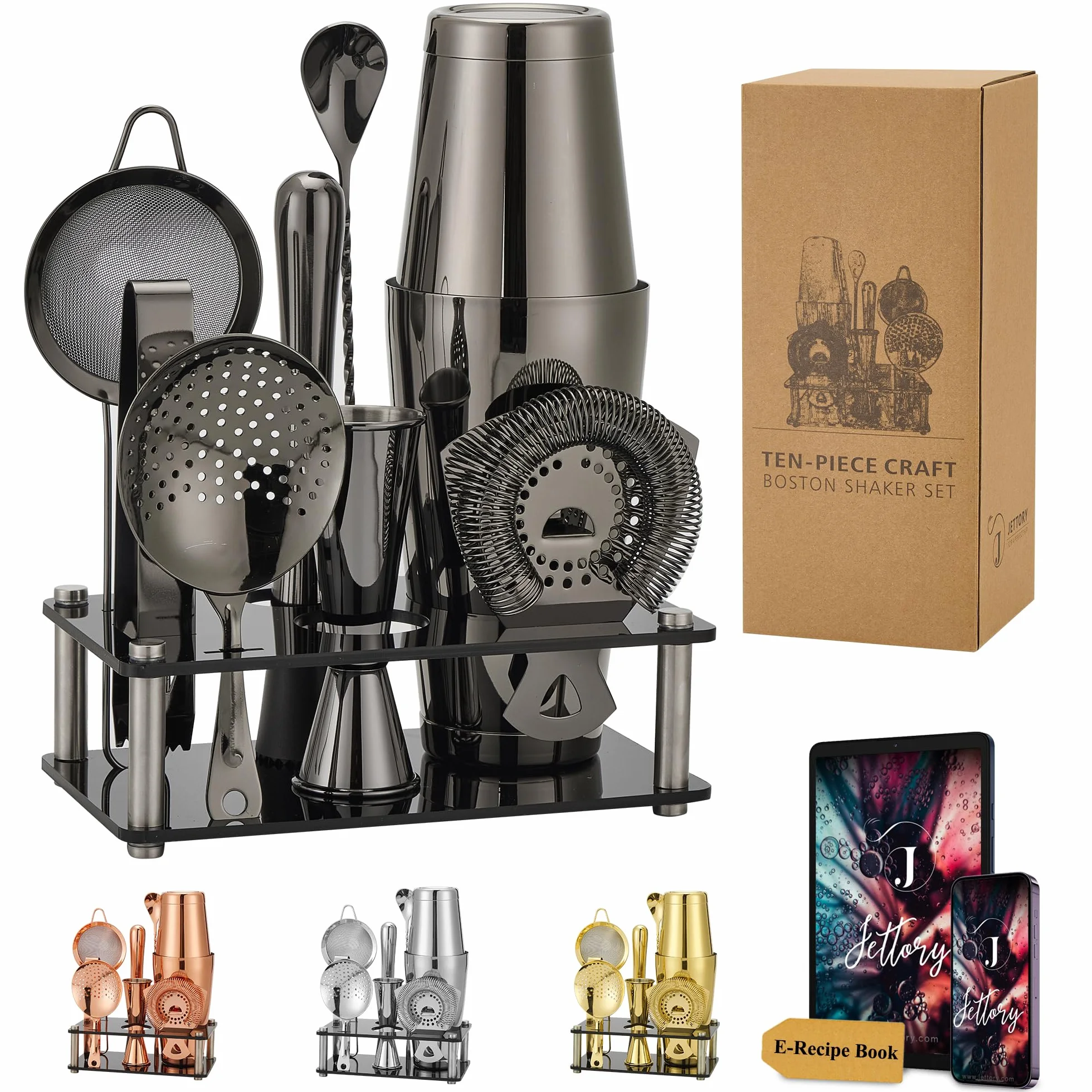 Boston - Juego de 10 cocteleras de acero inoxidable con base acrílica, colador, pinzas para hielo, cuchara de bar, vaso medidor, mortero – Perfecto para el bar en casa (negro)