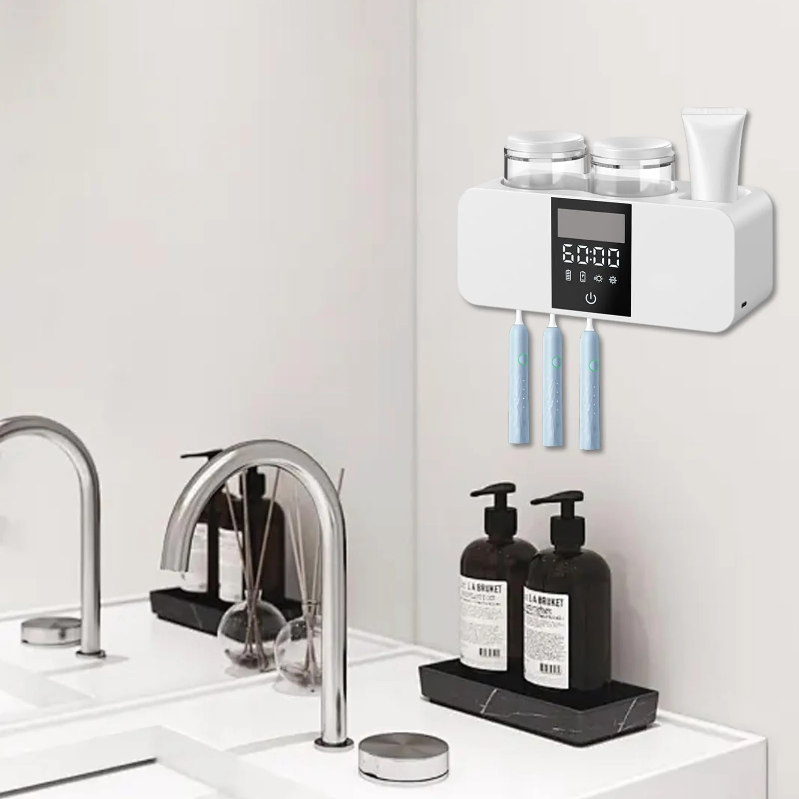 Soporte Inteligente para cepillos de Dientes, 2 Tazas, Soporte para cepillos de Dientes con energía Solar, con 4 Ranuras y dispensador de Pasta de, prácticos Accesorios de baño autoadhesivos