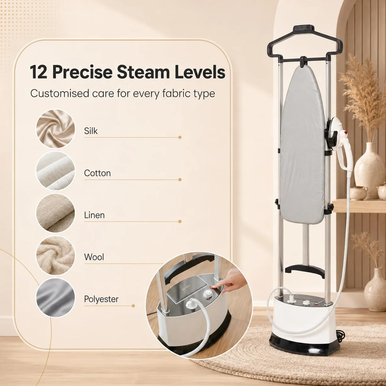 Plancha Verticl Vapor: Centro de Planchado Vertical Vapor con Tabla Plegable 1400W 6 Bar Depósito 1.6L para Camisas Pantalones Cortinas y Ropa del Hogar con Ruedas y Altura Regulable