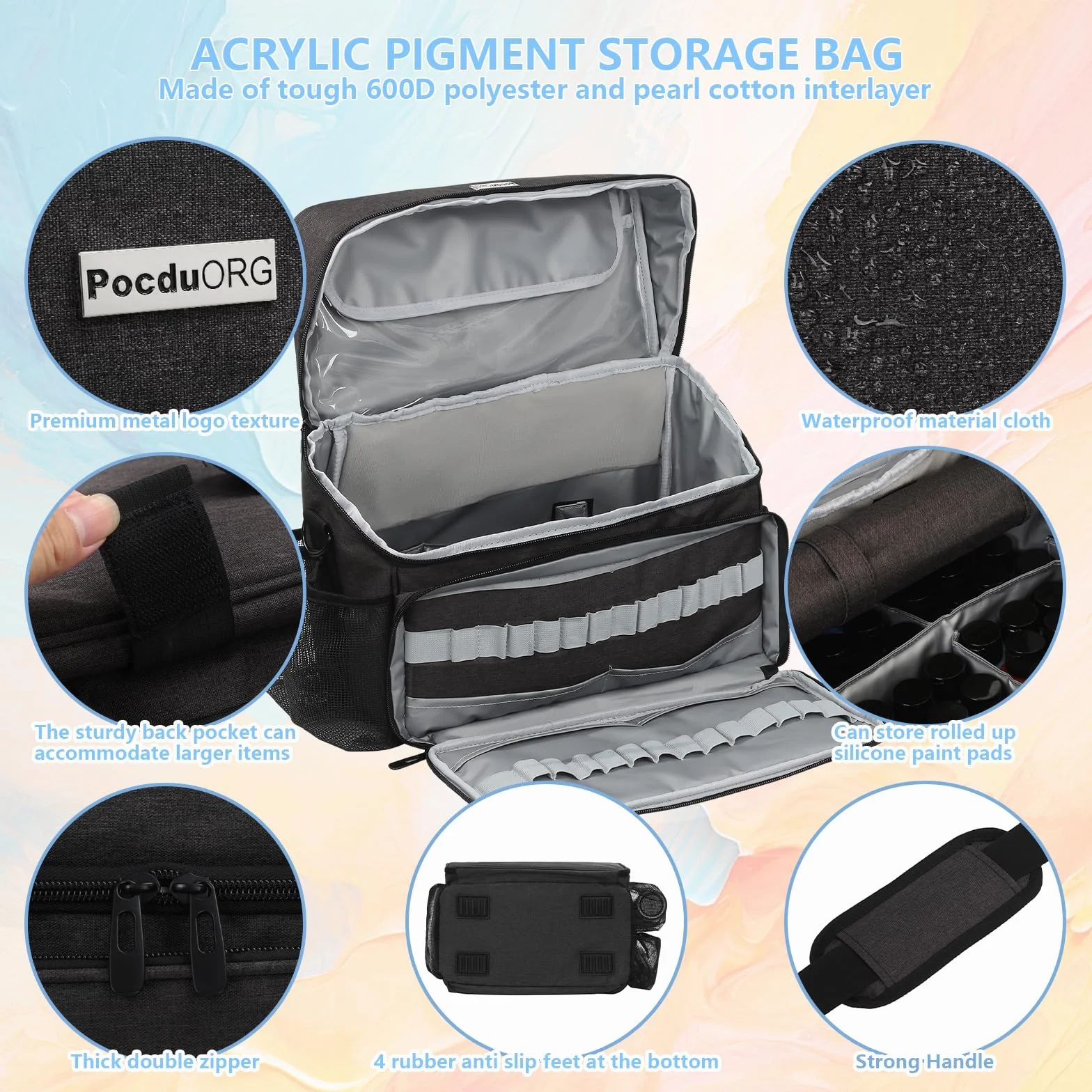 Bolsa organizadora de pintura acrílica y pinceles, funda de transporte compatible con Apple Barrel, Shuttle Art, suministros de arte Caliart, incluye soporte desmontable para pinceles de pintura, para