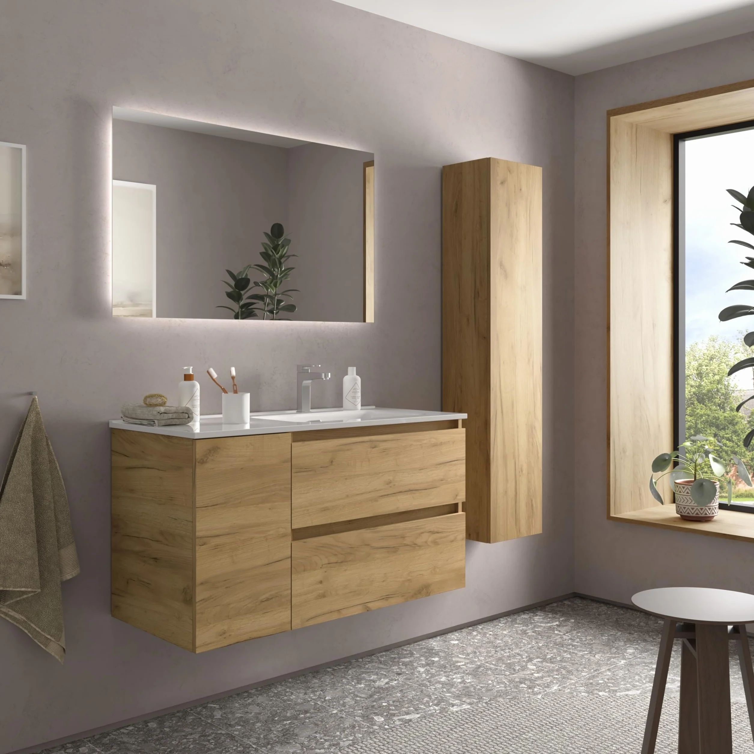 Mueble de Baño Bequia 100cm + Coqueta 1 Puerta Izquierda + Lavabo cerámica | Roble |100x45x56