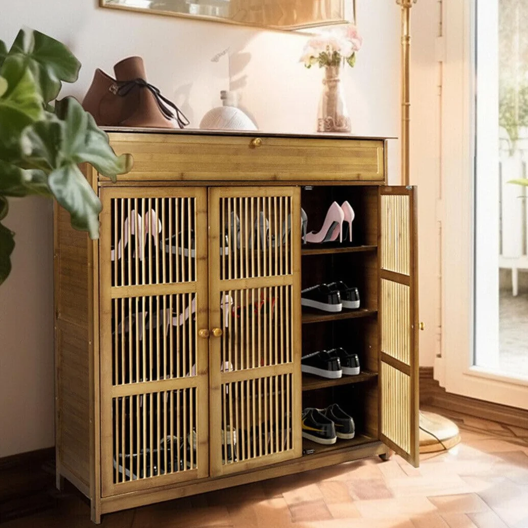 unho Zapatero de Bambú para Pasillo: Zapatero con Estantes y Cajón de Diseño Oriental Mueble Madera para Entrada Recibidor