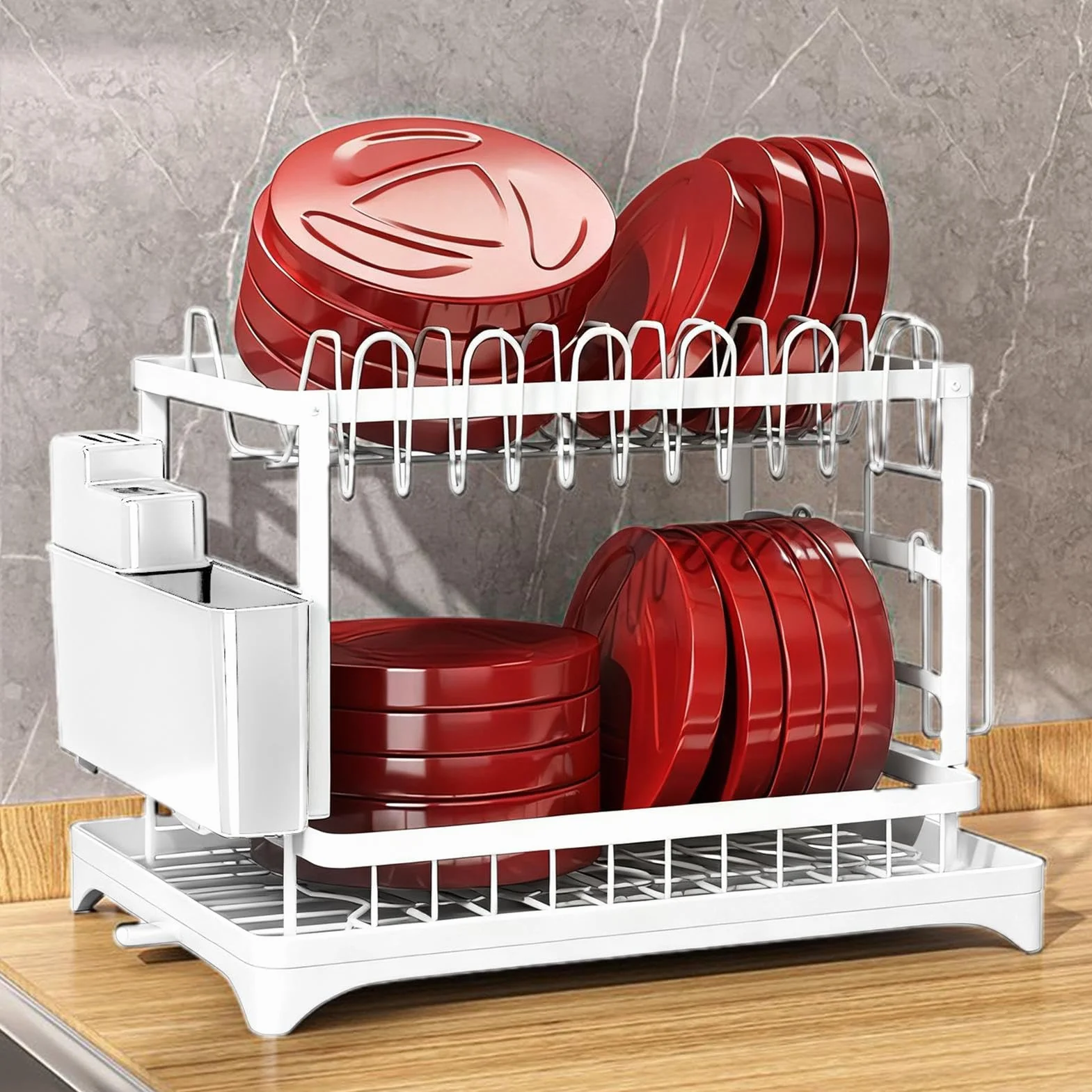 Generisch Escurridor de platos | 2 niveles con soporte para utensilios y espacio de almacenamiento, escurridor de platos para encimera de cocina | fregadero casa apartamento tazas y tazas cubiertos
