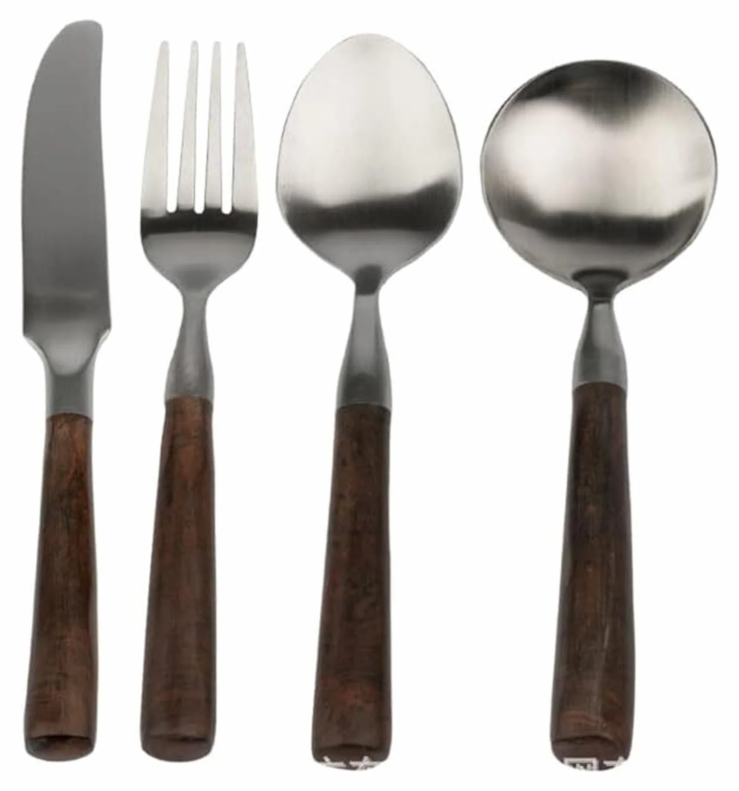 Juego de cubiertos de acero inoxidable, incluye cuchara-tenedor, cuchillo y tenedor for carne, 4/7 piezas, mango redondo de madera maciza con acabado mate cepillado.(4 Pieces for 1)