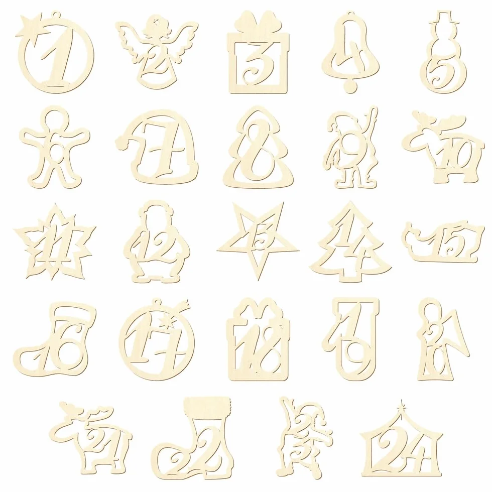 Calendario de Adviento de madera con números, decoración para manualidades, 5 – 20 cm, tamaño: 17 cm, adornos navideños: juego con 24 unidades