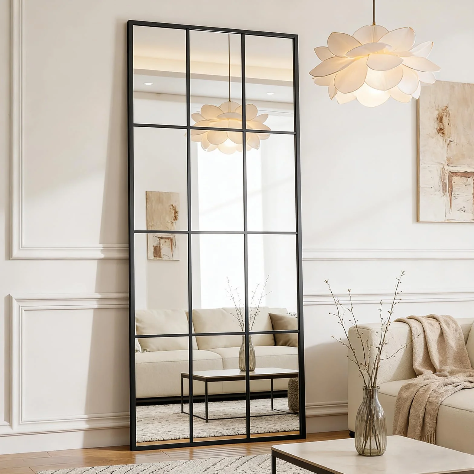 Espejo Ventana de Cuerpo Entero Rectangular, Espejo para Dormitorio y Armario, para Colocar en el Suelo o Fijar en la Pared - Negro, 175x63cm | 69" L x 25" W