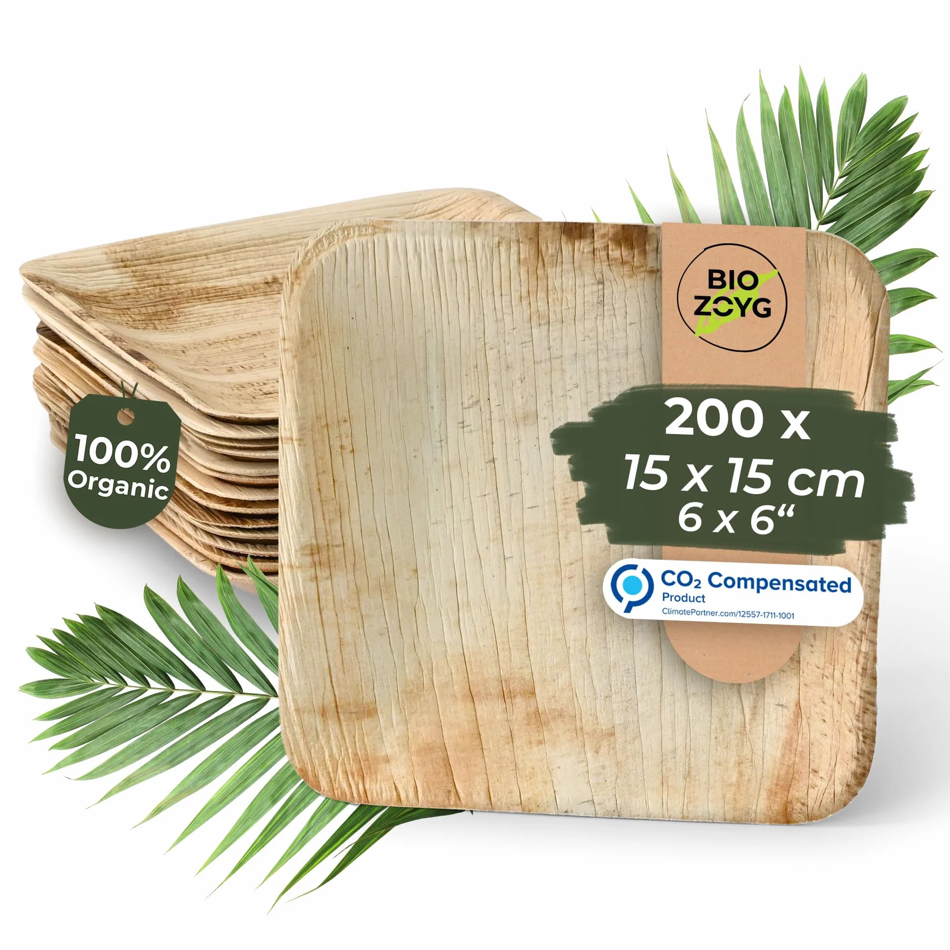 BIOZOYG 200x de platos de hoja de palma 15 x 15 cm - Platos desechables compostables y naturales - Vajilla de fiesta cuadrada