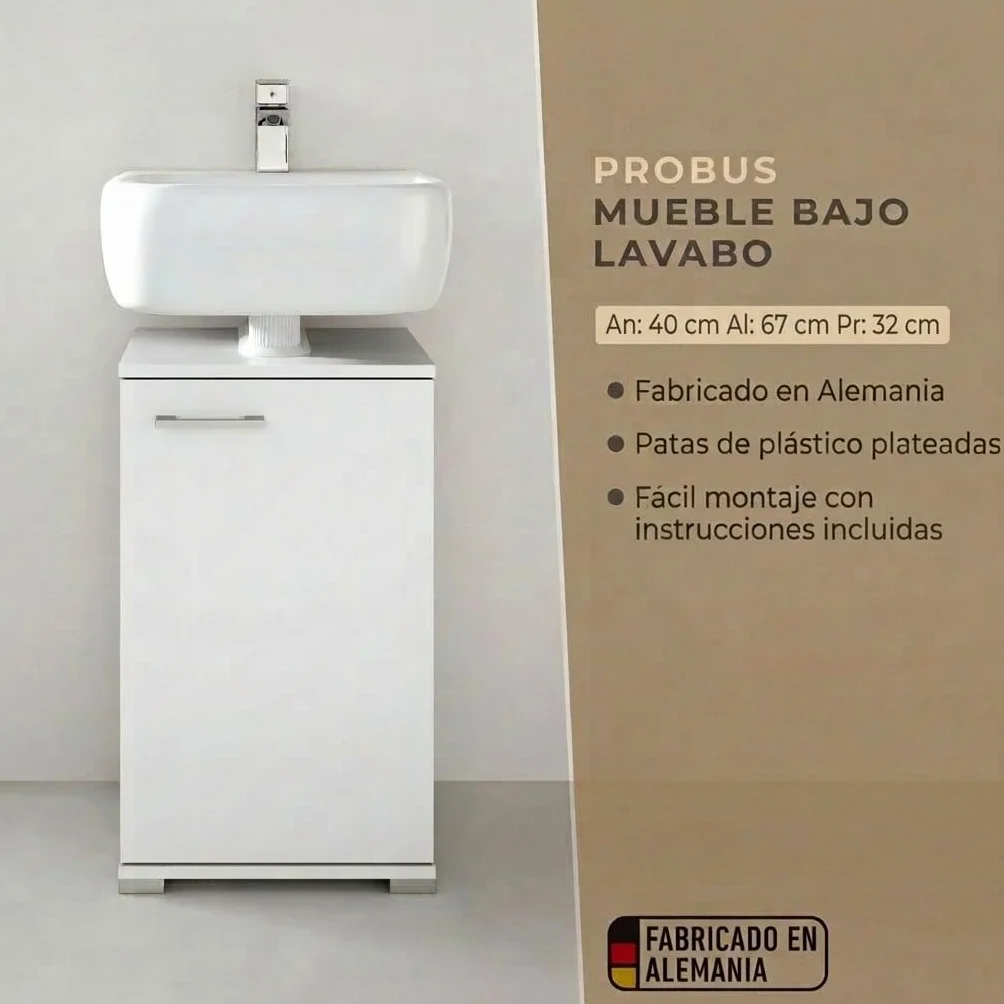 Probus Armario básico para baño de 40 cm – Moderno Armario bajo Lavabo en diseño Blanco con Mucho Espacio de Almacenamiento, Fabricado en Alemania, Color Blanco