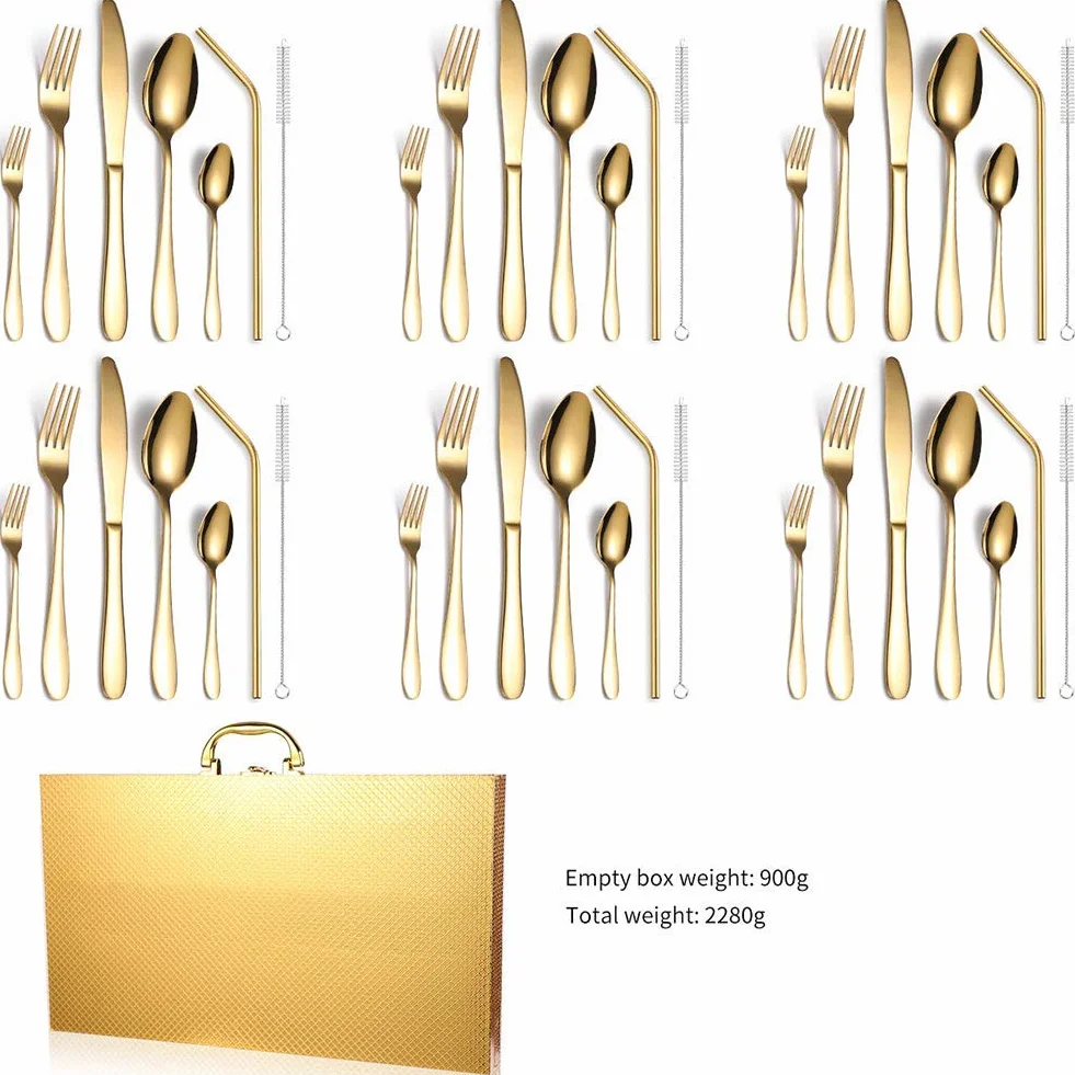 Juego de Cubiertos de 6 Piezas, Acero Inoxidable Pulido Fino, con Caja de Madera, Incluye Cuchillos, Tenedores y cucharas, Pajita，Gold 42pcs