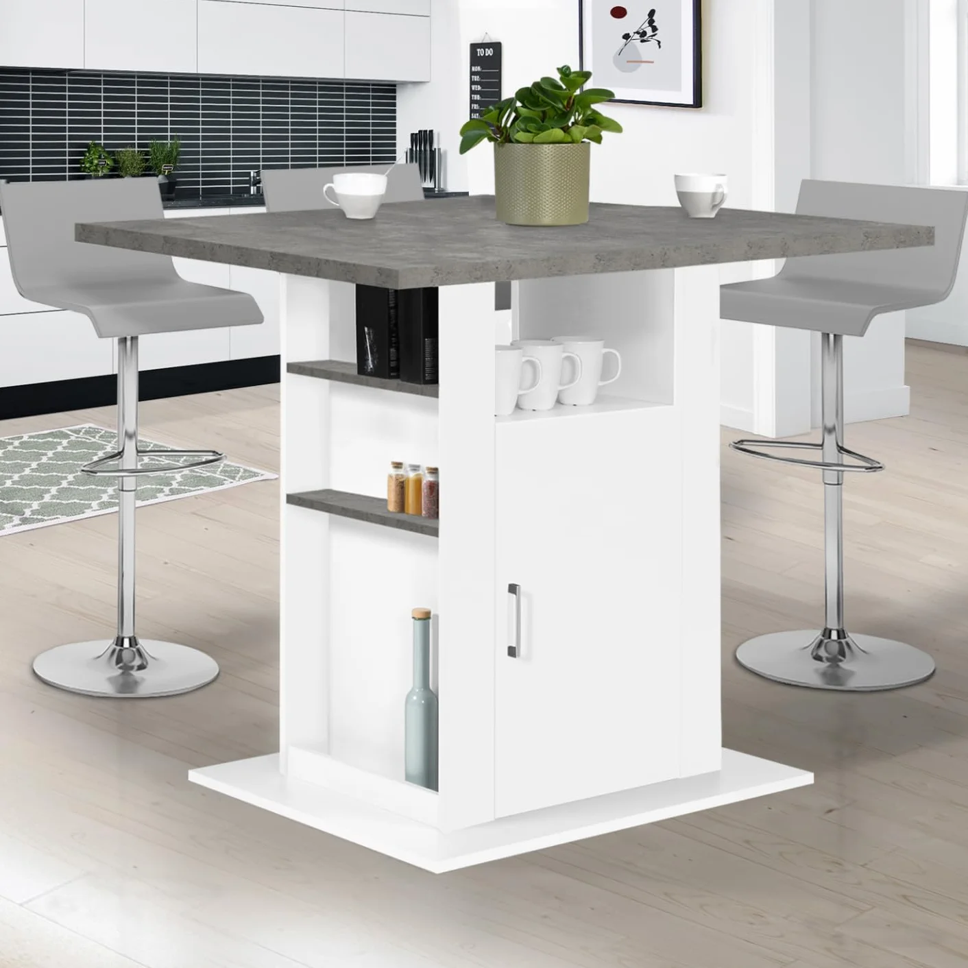 IDMarket - Isla central UGO de 110 cm con encimera de hormigón con efecto blanco y muebles de almacenamiento