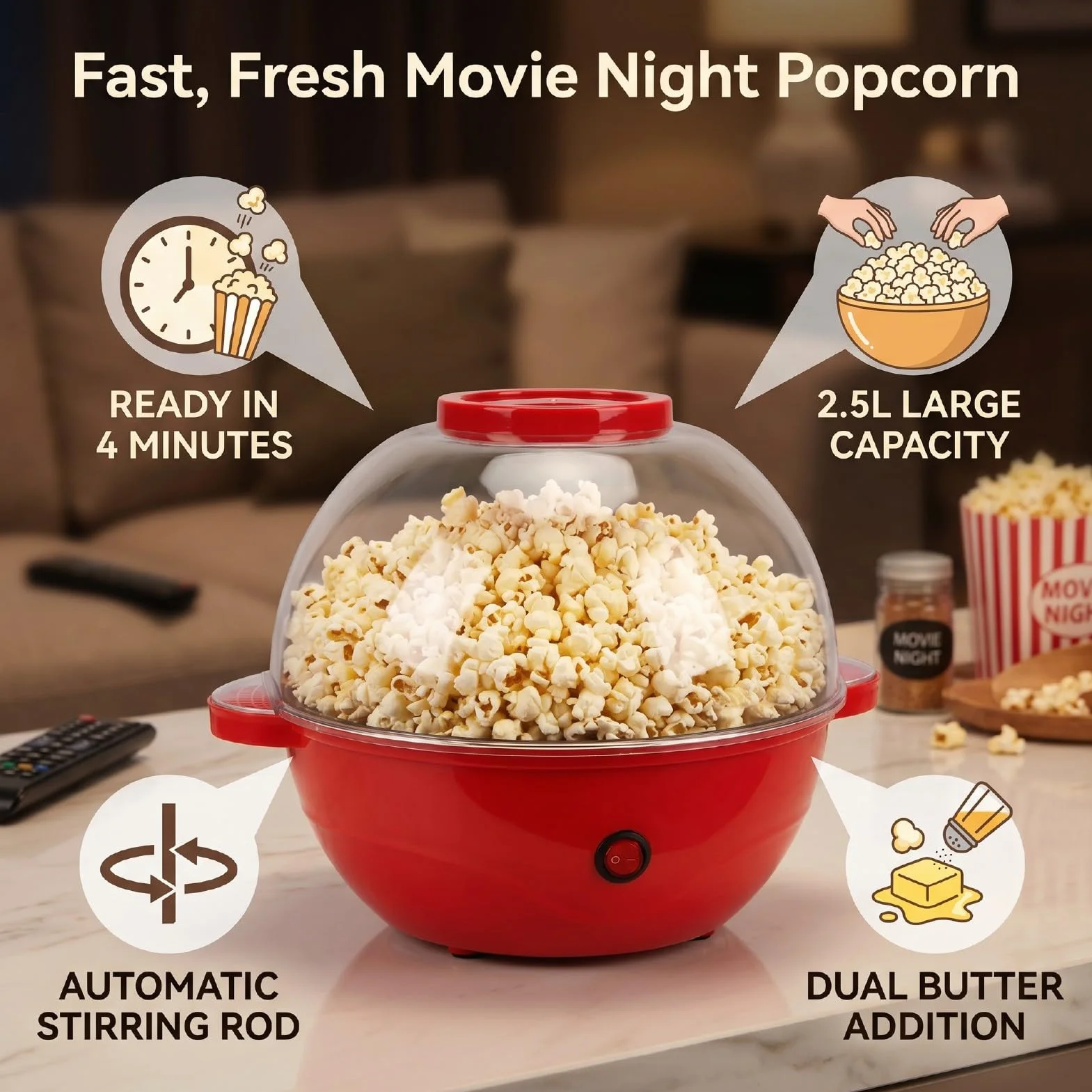 Haofy Popper Eléctrico para Palomitas de Maíz, 500 W, Agitación Automática, 2,5 L, Hervidor Antiadherente, Doble Mantequilla, Derretimiento Rápido, 4 Minutos para Aperitivos (Enchufe europeo 220V)