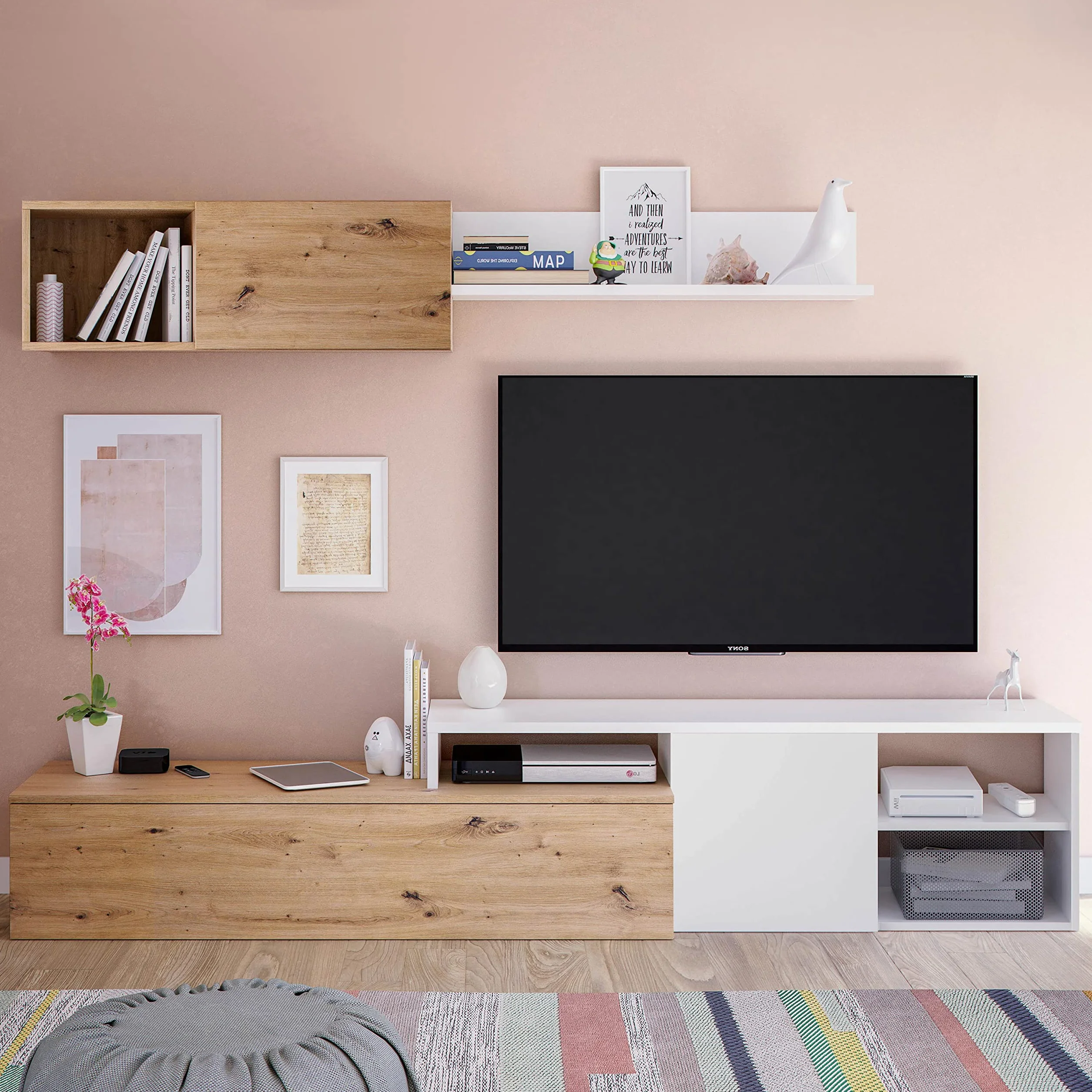 Habitdesign Conjunto de Salon Reversible, Mueble de Salon, Modulos de Comedor, Modelo Julia, Acabado en Roble Nodi y Blanco Artik, Medidas: 221 cm (Ancho) x 44 cm (Alto) 40cm (Fondo), Grande, 016647W