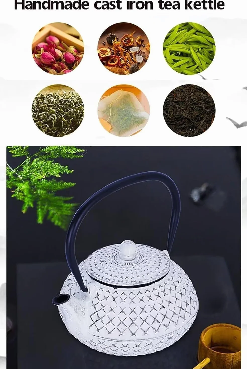 Tetera casera, tetera silbante, tetera de hierro fundido, mini tetera de hierro fundido con diseño de cruz de diamante blanco, teteras en estilo japonés, con infusor de acero inoxidable, 27 onzas (800
