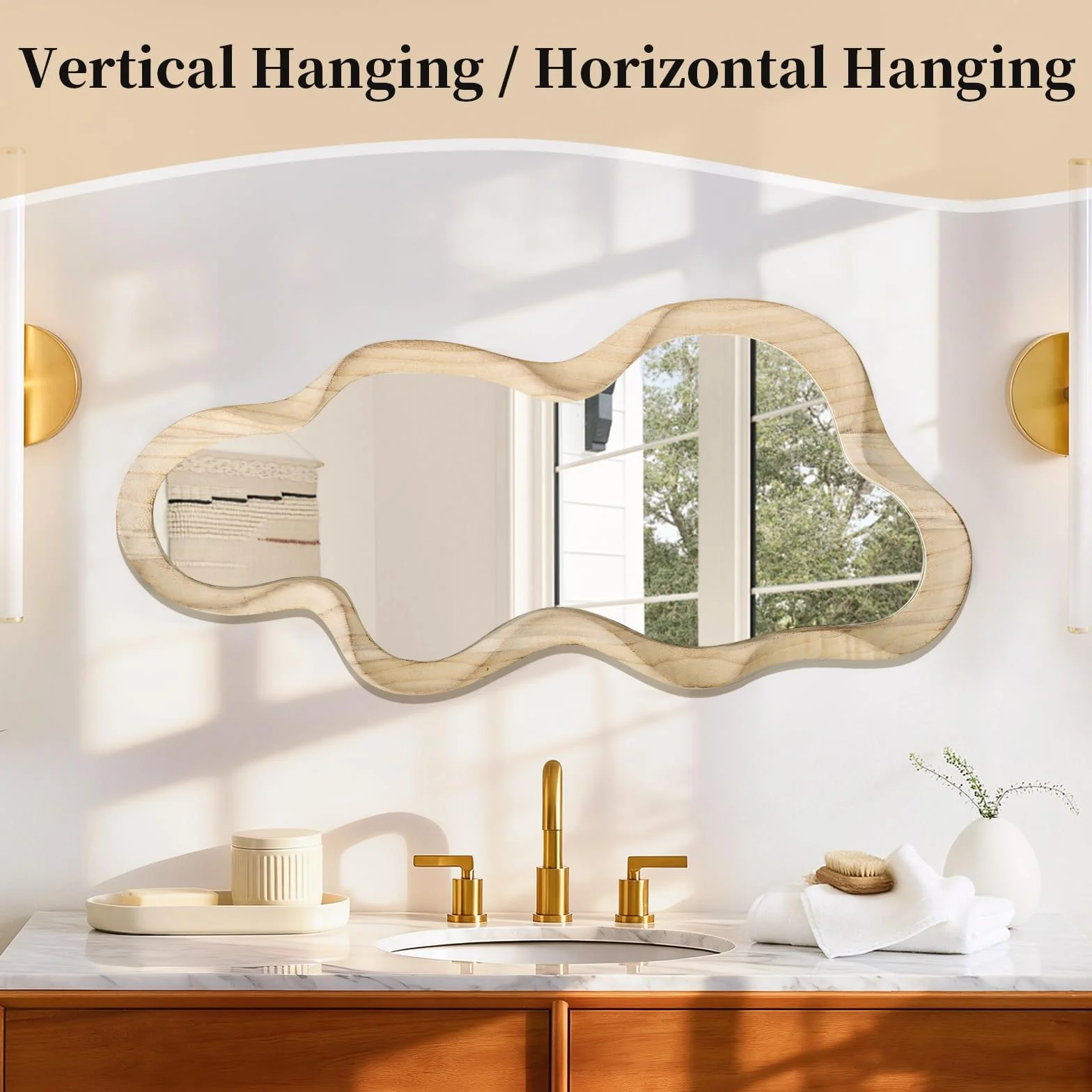Espejo asimétrico para decoración de pared, gran espejo de pared moderno con marco de madera, forma única, espejo artístico montado en la pared, decorativo para sala de estar, dormitorio, baño