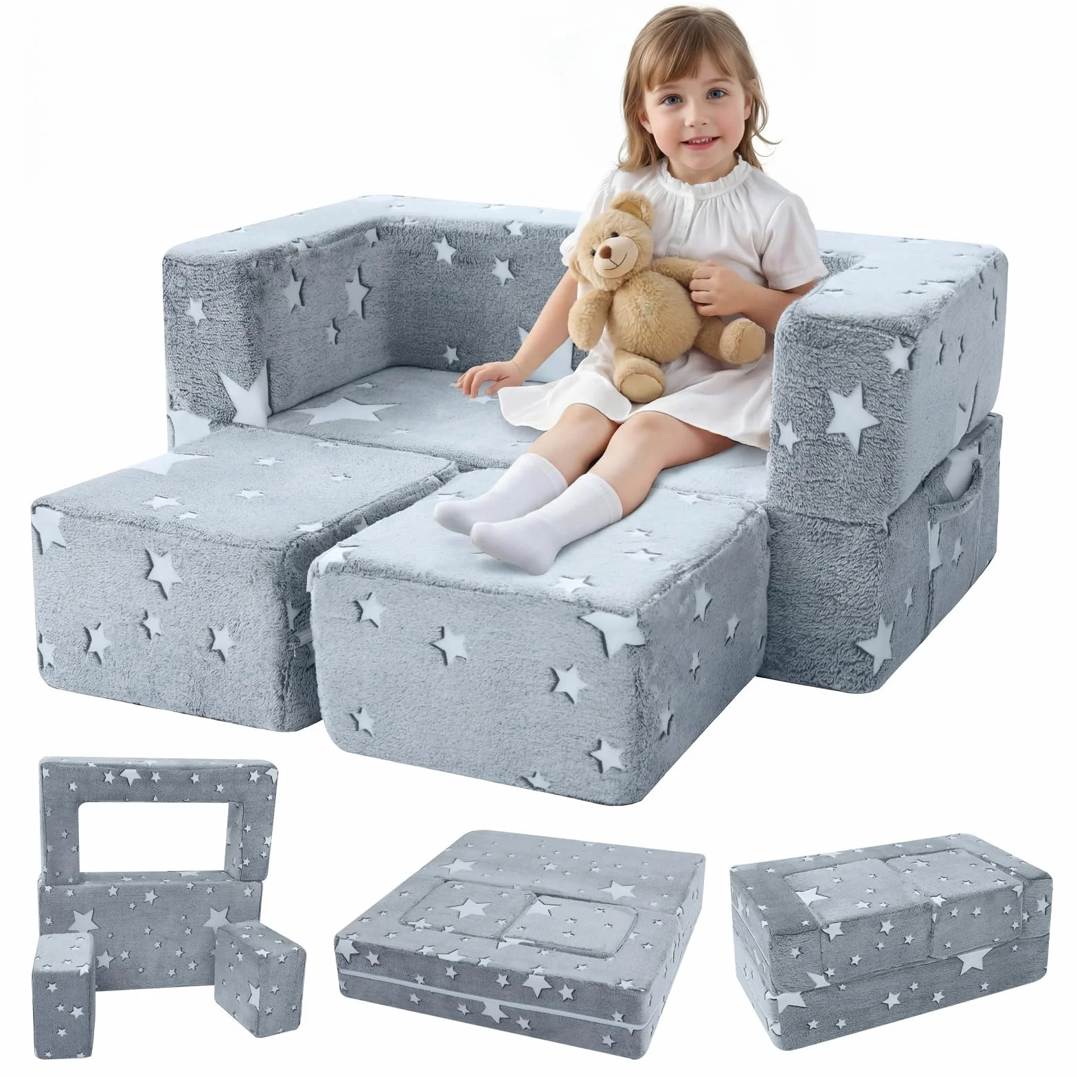 MeMoreCool Sillon Bebe, sofá con Estrellas Que Brillan en la Oscuridad, sofá Plegable para niños Infantil, Sillones Infantiles, Sofá Infantil Modular para Sala de Juegos