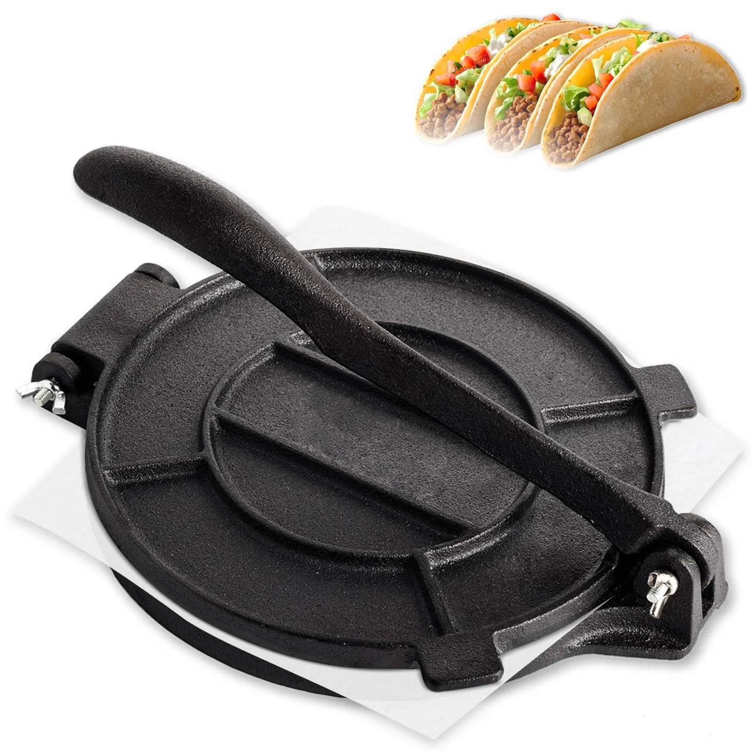 Prensa para tortilla de hierro fundido de 25 cm, Roti Maker, Tortilla pretemporada, prensa de taco resistente, prensa ajustable con un poco de papel de parchment, para tortillas caseras, color negro