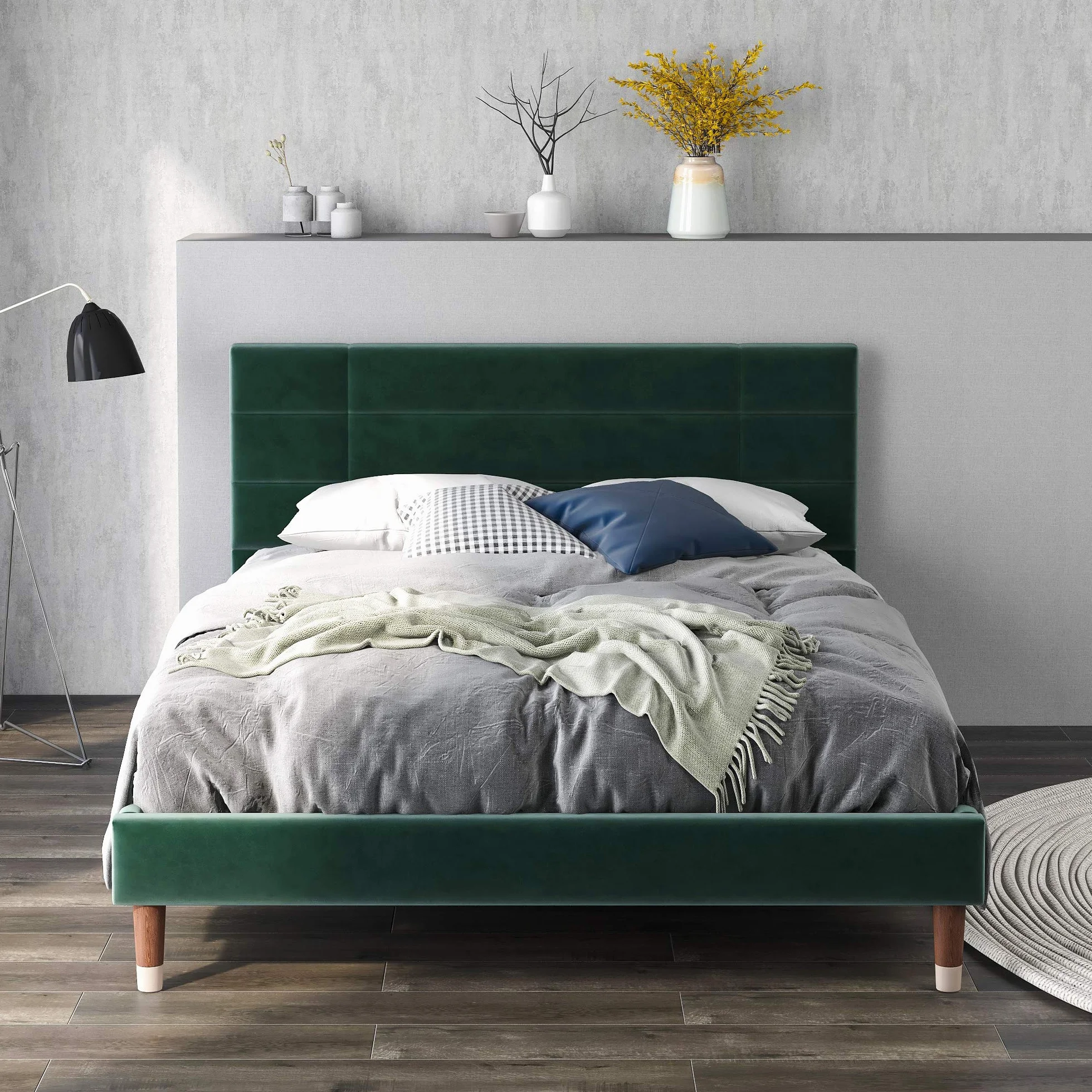 ModernLuxe Cama doble tapizada con cajón y somier, 140 x 200 cm, estructura acolchada con cabecero en terciopelo verde oscuro para adultos y jóvenes (colchón no incluido) (verde oscuro)