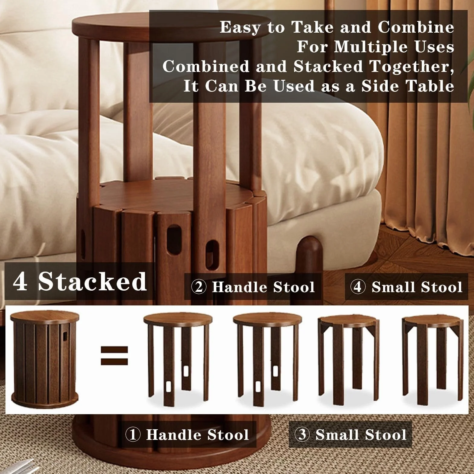 Juego de 4 taburetes apilables de madera, diseño apilable, taburetes de madera pequeños para ocio, combinación apilable, taburete apilable multifuncional para sala de estar, entrada, comedor (nogal)