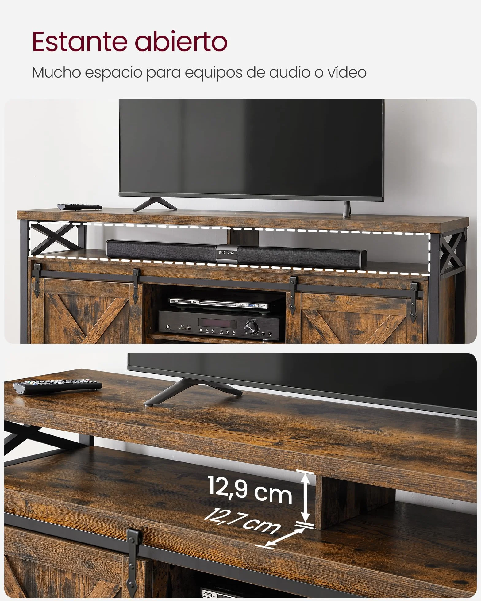 VASAGLE Mueble para TV, Soporte para TV de 65 Pulgadas, con Estantes Ajustables, Puertas de Granero, Diseño de Granja, Marco de Metal, Marrón Rústico y Negro LTV071B01V1